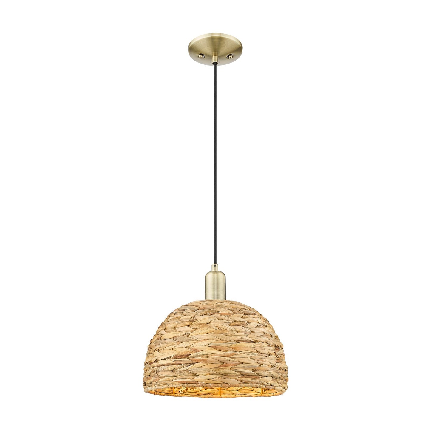 Innovations Arcadia 12in 1-Light Mini Pendant | Industrial Antique Brass Steel and Natural Rattan | Kitchen Island & Dining | Model 716-1P-AB-RBD-12-NAT