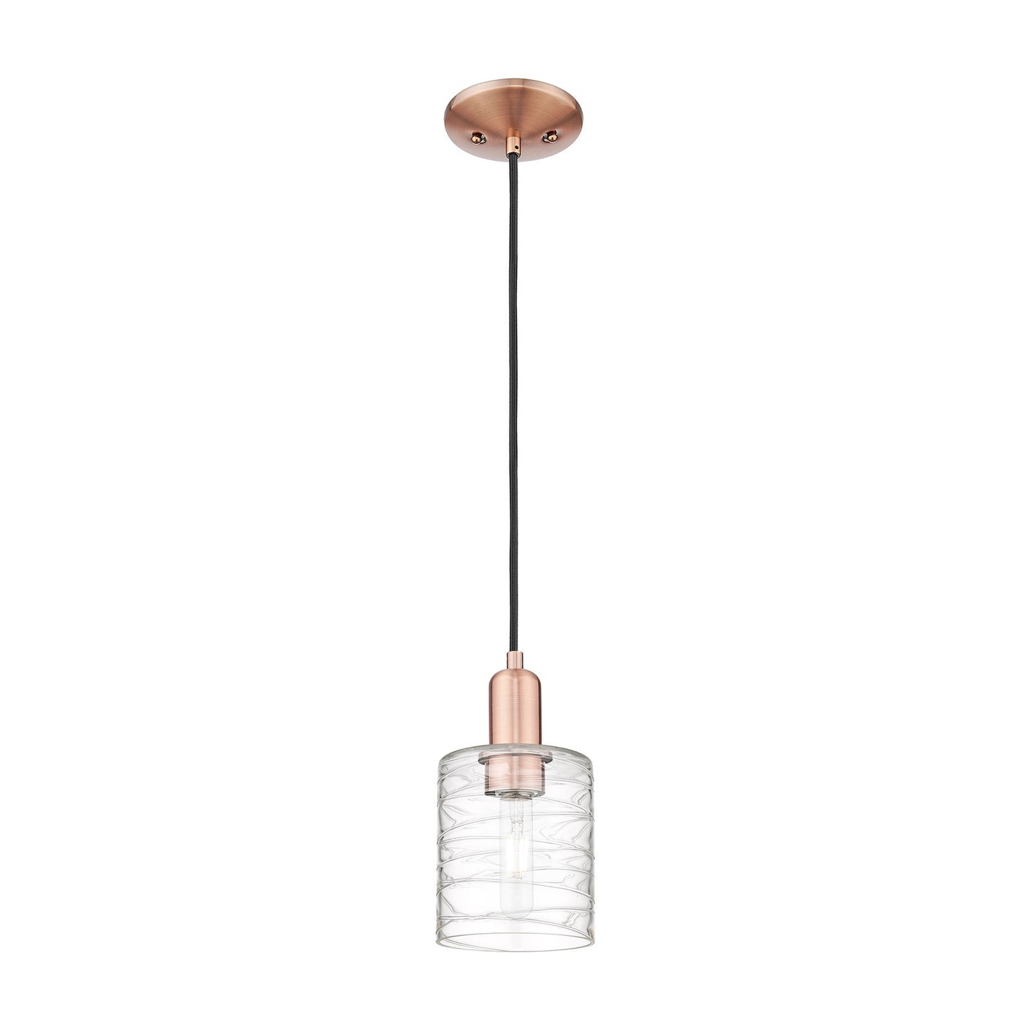 Innovations Cobbleskill 5in 1-Light Mini Pendant | Industrial Antique Copper and Deco Swirl Clear Glass | Kitchen Island & Dining | Model 716-1P-AC-G1113