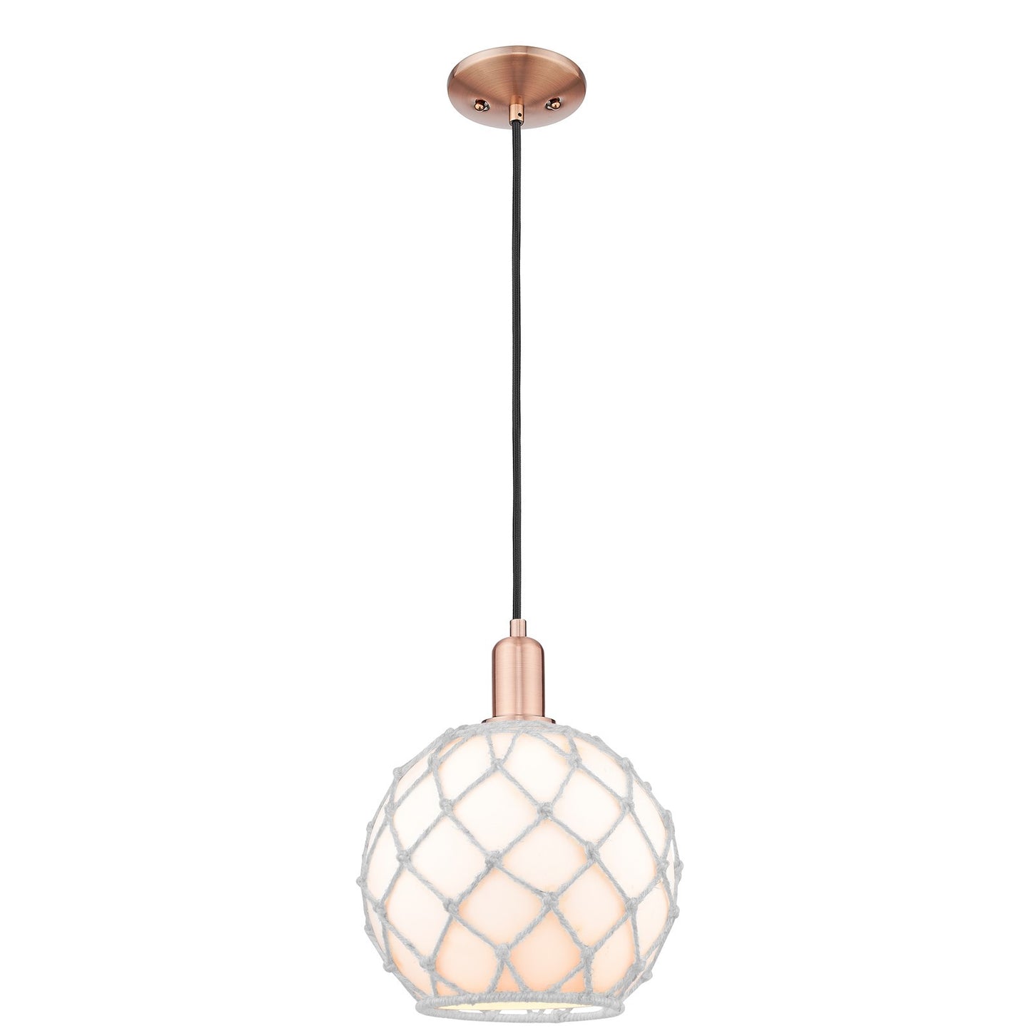 Innovations Farmhouse Rope 10in 1-Light Mini Pendant | Industrial Antique Copper Steel and White Glass Rope Shade | Kitchen | Model 716-1P-AC-G121-10RW