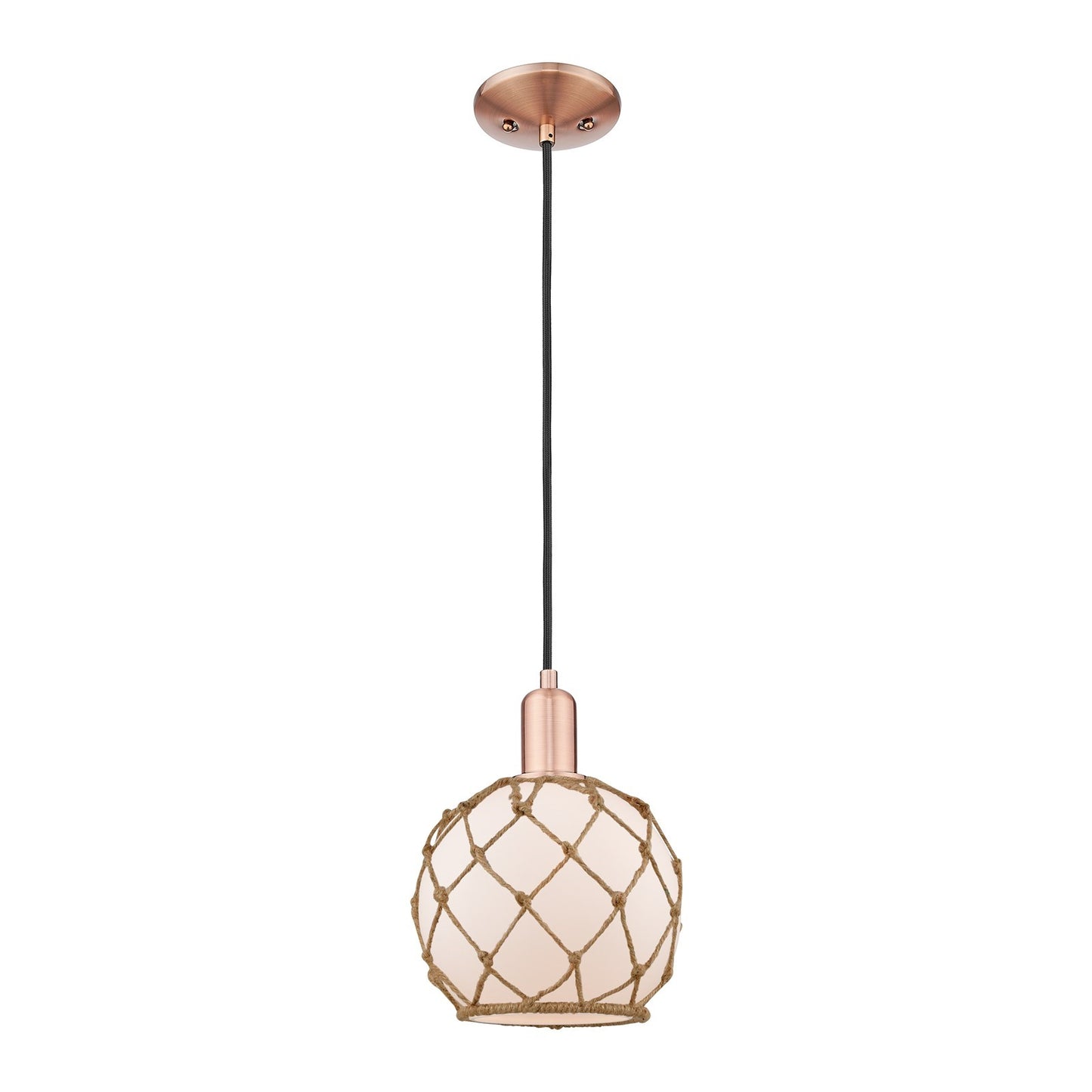 Innovations Farmhouse Rope 8in 1-Light Mini Pendant | Industrial Antique Copper Steel and White Frosted Glass with Brown Rope | Model 716-1P-AC-G121-8RB
