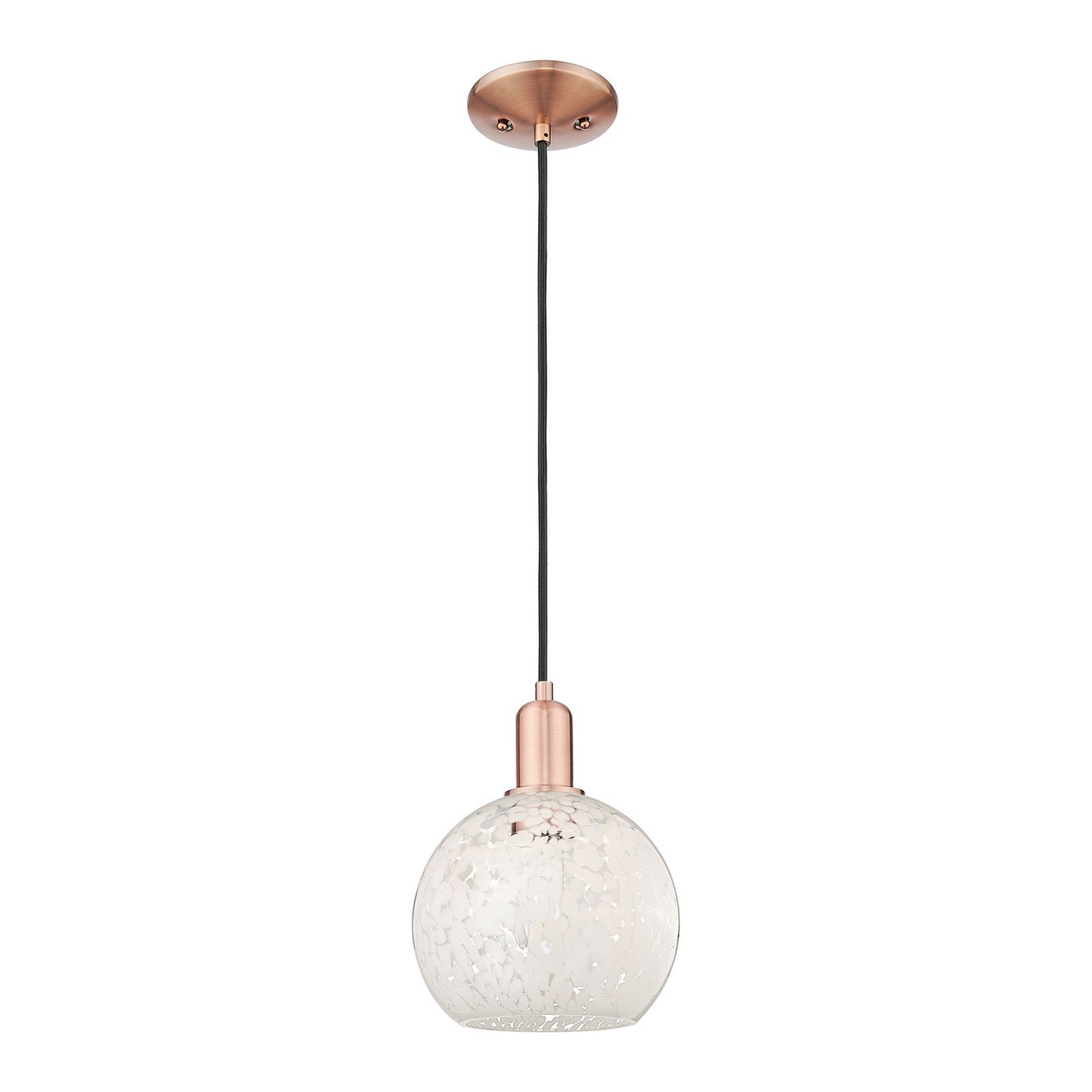 Innovations Lighting White Mouchette 8in 1-Light Mini Pendant | Industrial Modern Contempo Antique Copper Steel and White | Model 716-1P-AC-G1216-8WM