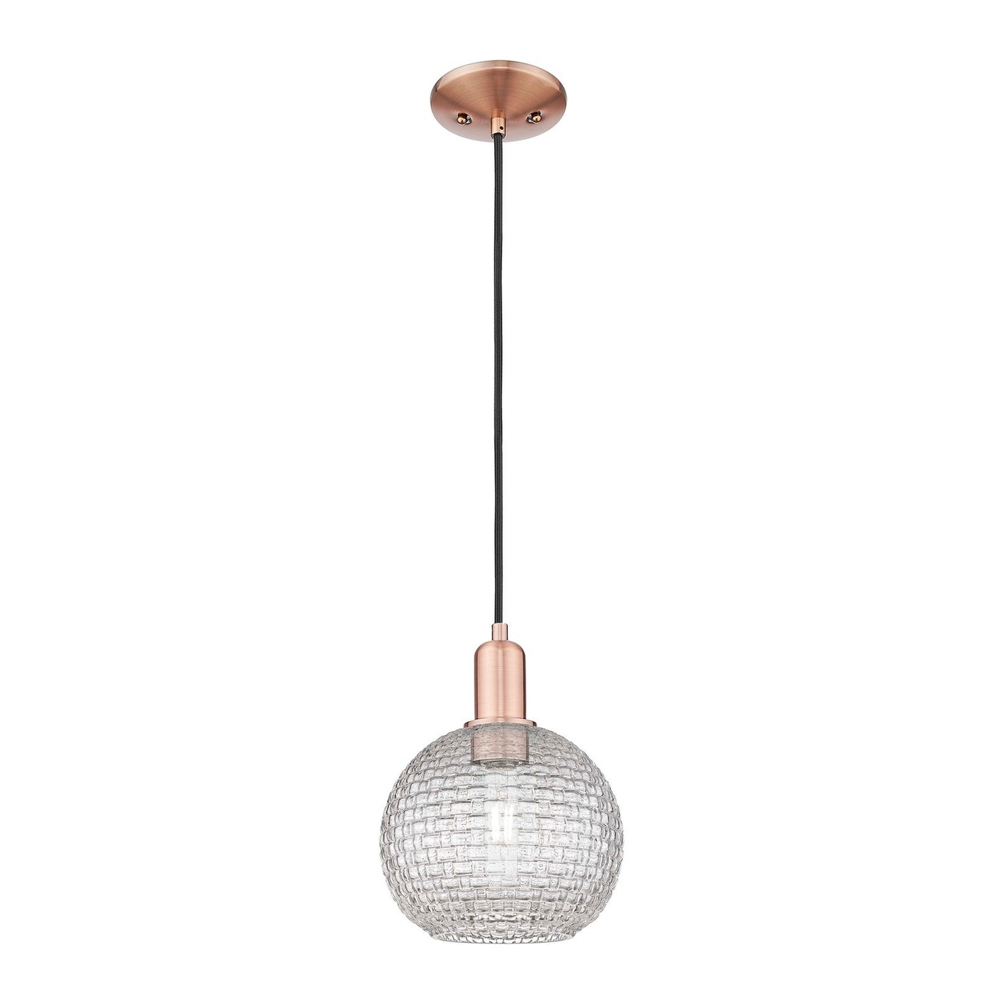 Innovations Athens 8in 1-Light Mini Pendant | Industrial Antique Copper Steel and Clear Basket Weave Glass | Kitchen Island & | Model 716-1P-AC-G122C-8CL