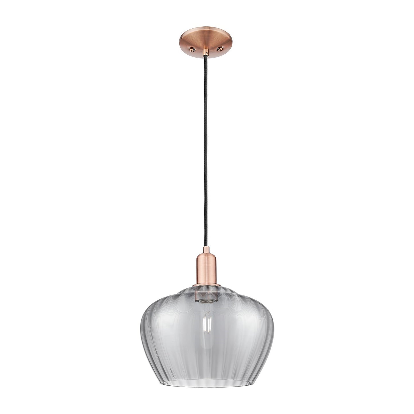 Innovations Fenton 11in 1-Light Mini Pendant | Industrial Antique Copper and Light Smoke Ribbed Glass | Kitchen Island & Dining | Model 716-1P-AC-G93-L