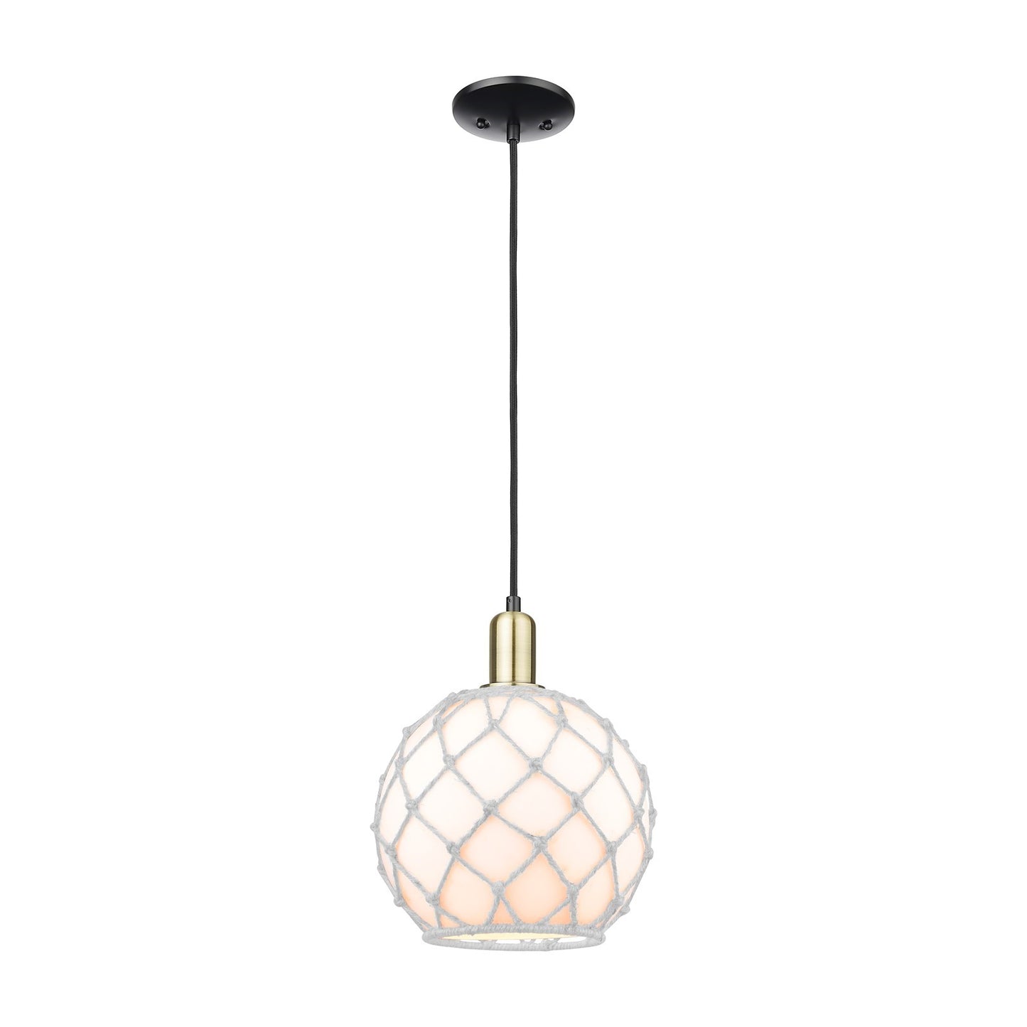 Innovations Farmhouse Rope 10in 1-Light Mini Pendant | Industrial Black Antique Brass and White Glass with Rope | Kitchen | Model 716-1P-BAB-G121-10RW