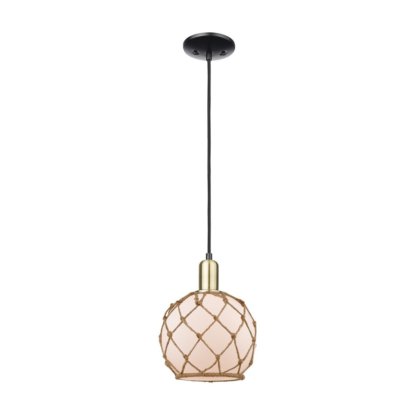 Innovations Farmhouse Rope 8in 1-Light Mini Pendant | Industrial Black Antique Brass Steel and White Frosted Glass with Brown | Model 716-1P-BAB-G121-8RB