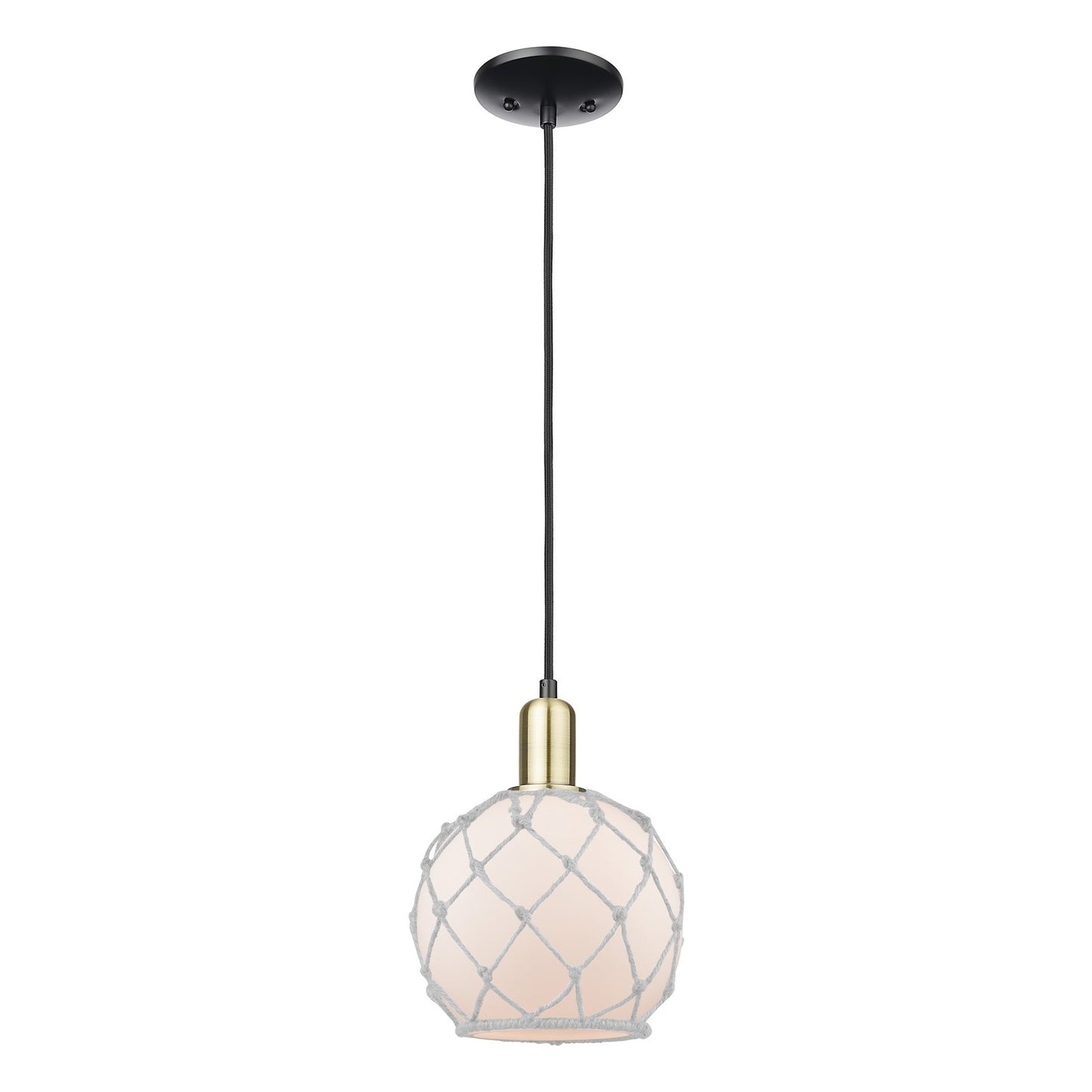 Innovations Farmhouse Rope 8in 1-Light Mini Pendant | Industrial Black Antique Brass and White Frosted Glass with Rope | Model 716-1P-BAB-G121-8RW