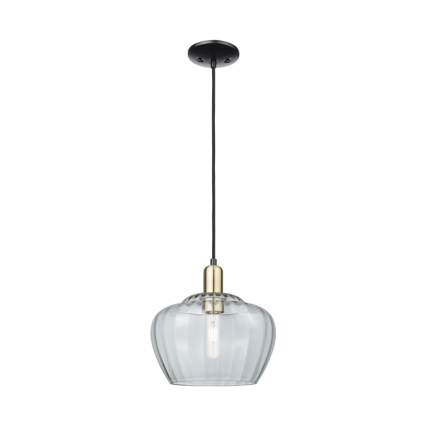 Innovations Fenton 11in 1-Light Mini Pendant | Industrial Black Antique Brass Steel and Clear Ribbed Glass | Kitchen Island & | Model 716-1P-BAB-G92-L
