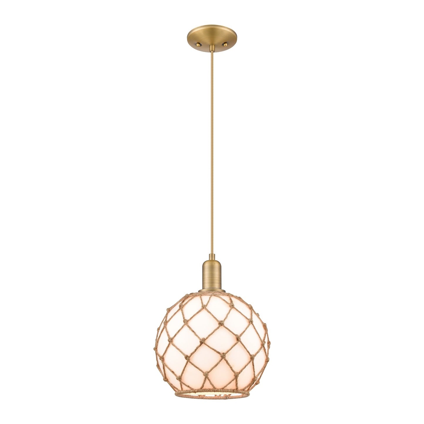 Innovations Farmhouse Rope 10in 1-Light Mini Pendant | Industrial Brushed Brass and Matte White Glass with Brown Rope | Model 716-1P-BB-G121-10RB