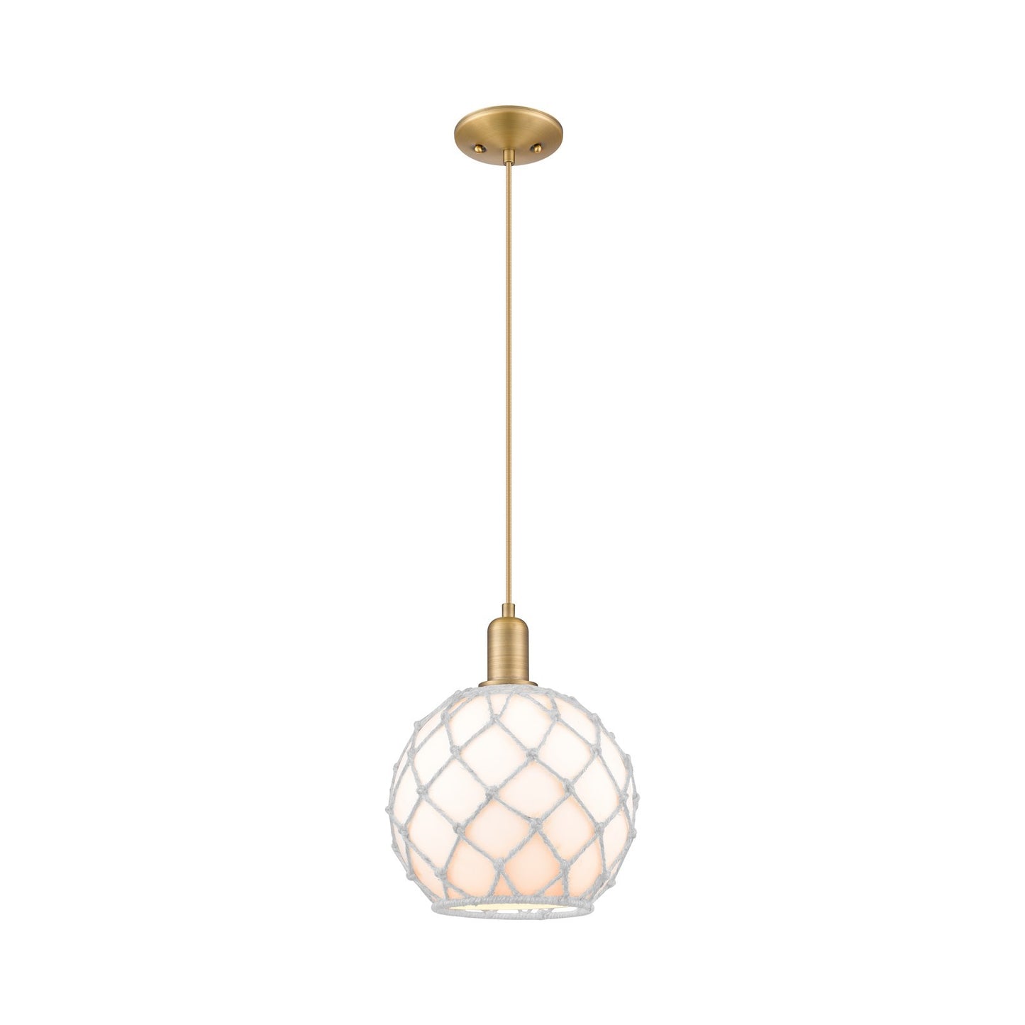 Innovations Farmhouse Rope 10in 1-Light Mini Pendant | Industrial Brushed Brass Steel and White Glass with White Rope | Model 716-1P-BB-G121-10RW