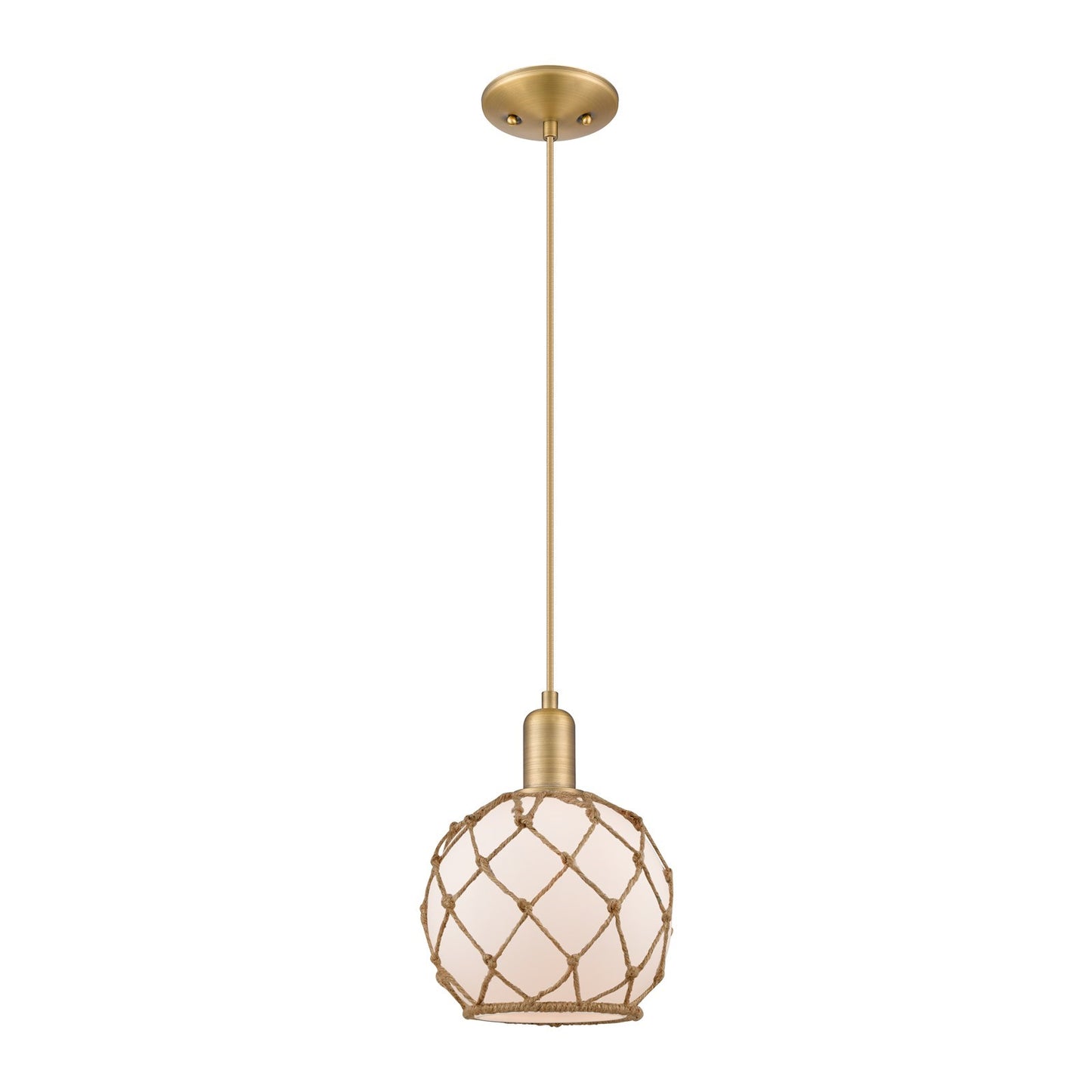 Innovations Farmhouse Rope 8in 1-Light Mini Pendant | Industrial Brushed Brass and White Glass with Brown Rope | Kitchen Island | Model 716-1P-BB-G121-8RB