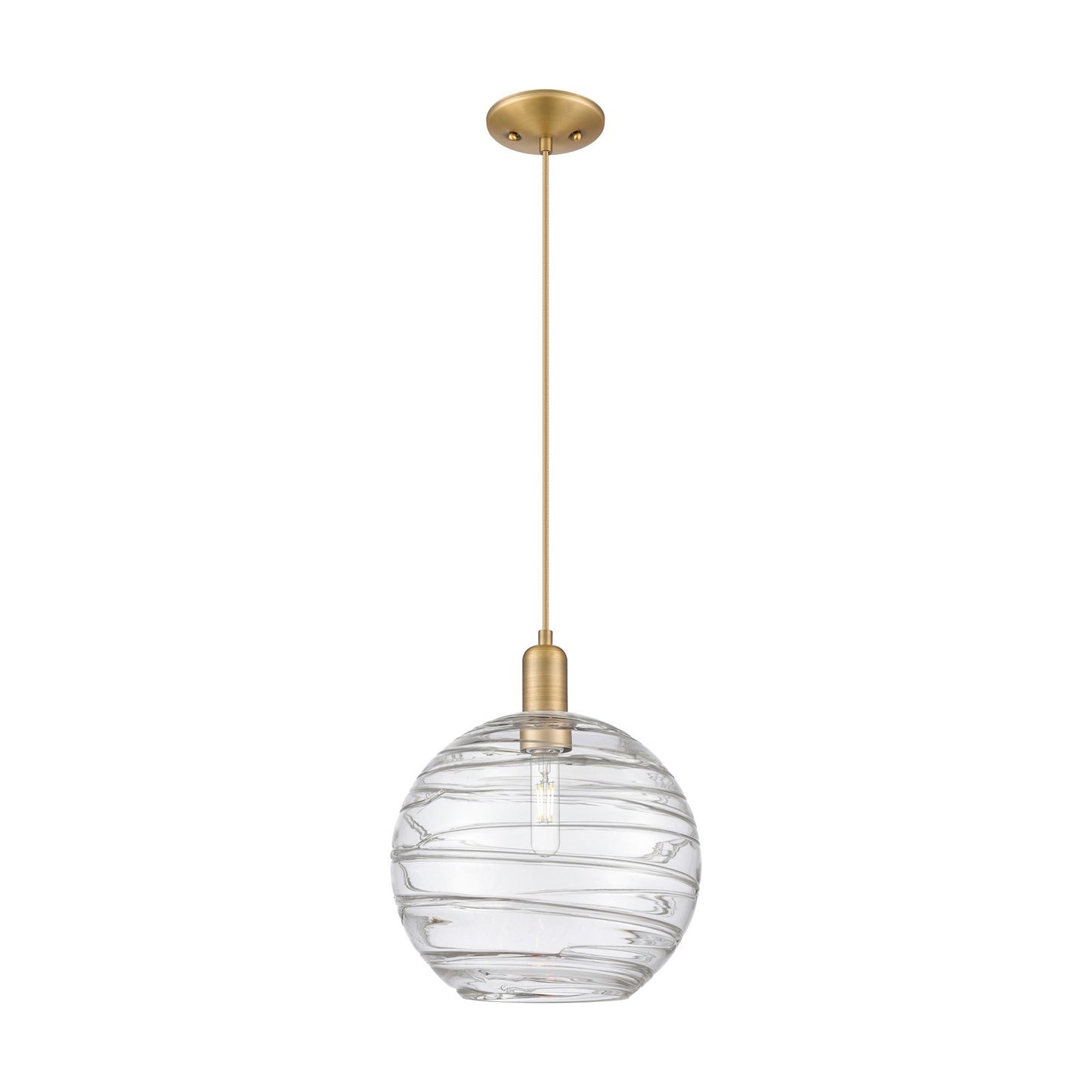 Innovations Athens Deco Swirl 12in 1-Light Mini Pendant | Industrial Brushed Brass and Clear Deco Swirl Glass | Kitchen | Model 716-1P-BB-G1213-12CL