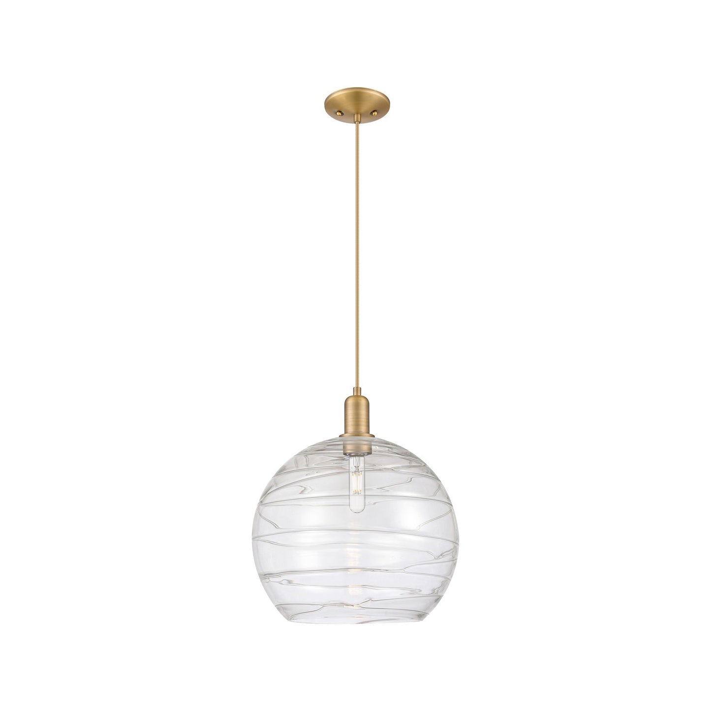 Innovations Athens Deco Swirl 14in 1-Light Mini Pendant | Industrial Brushed Brass and Clear Deco Swirl Glass | Kitchen | Model 716-1P-BB-G1213-14CL