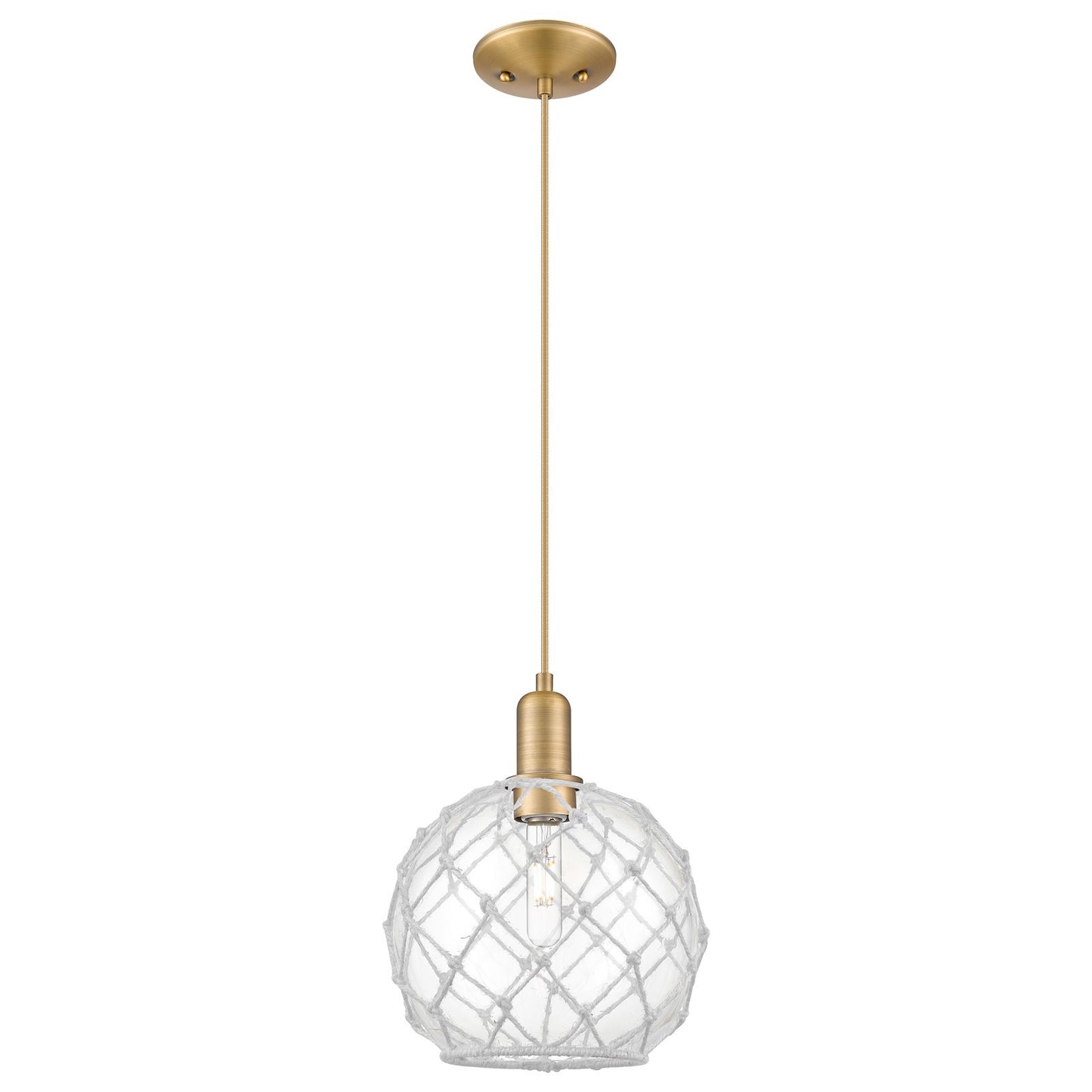 Innovations Farmhouse Rope 10in 1-Light Mini Pendant | Industrial Brushed Brass Steel and Clear Glass with White Rope | Model 716-1P-BB-G122-10RW