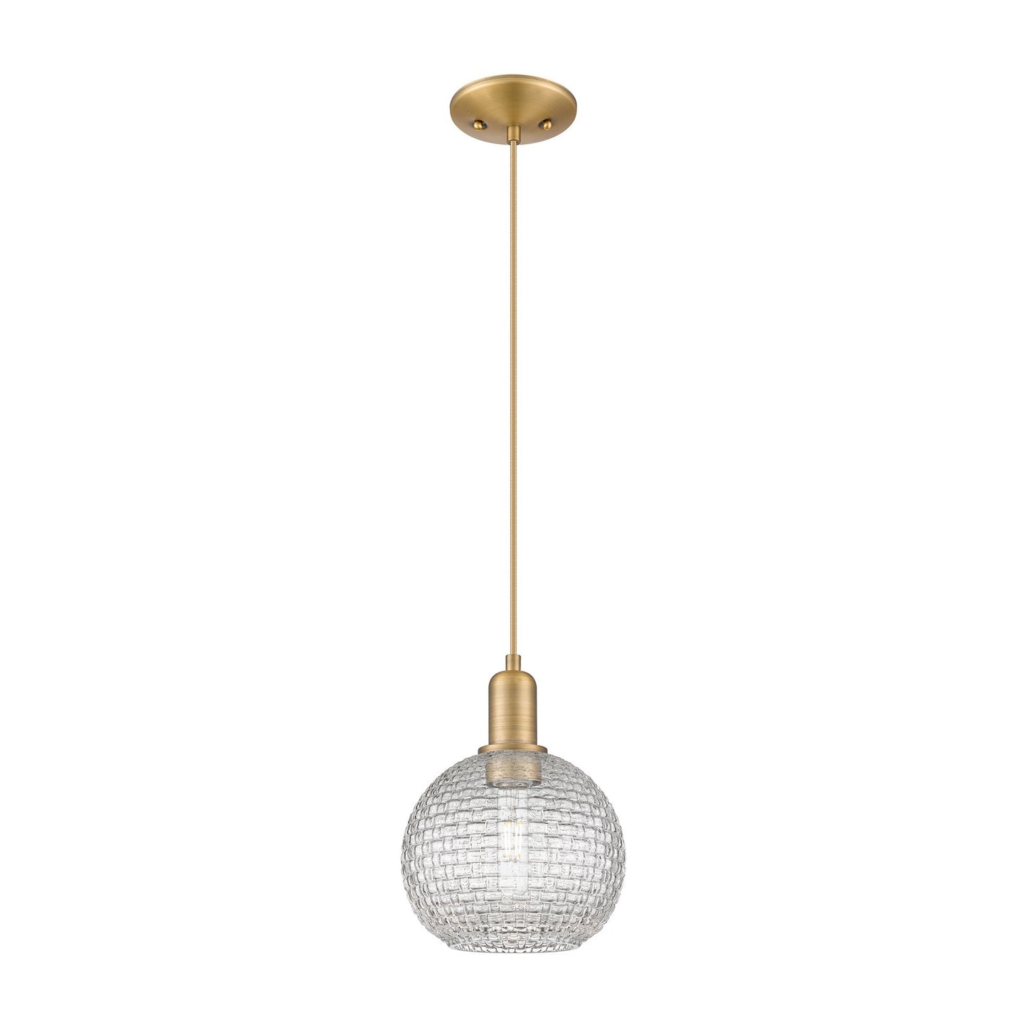 Innovations Athens 8in 1-Light Mini Pendant | Industrial Brushed Brass Steel and Clear Basket Weave Glass | Kitchen Island & | Model 716-1P-BB-G122C-8CL