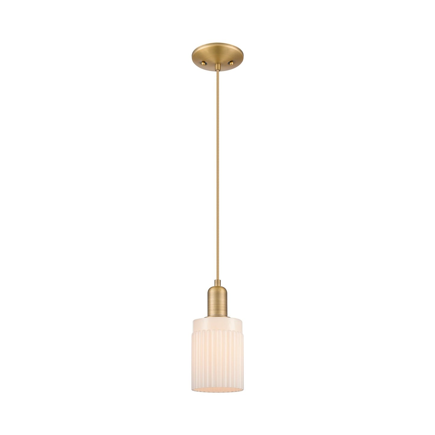 Innovations Hadley 4.5in 1-Light Mini Pendant | Industrial Brushed Brass and Matte White Ribbed Glass | Kitchen Island & Dining | Model 716-1P-BB-G341