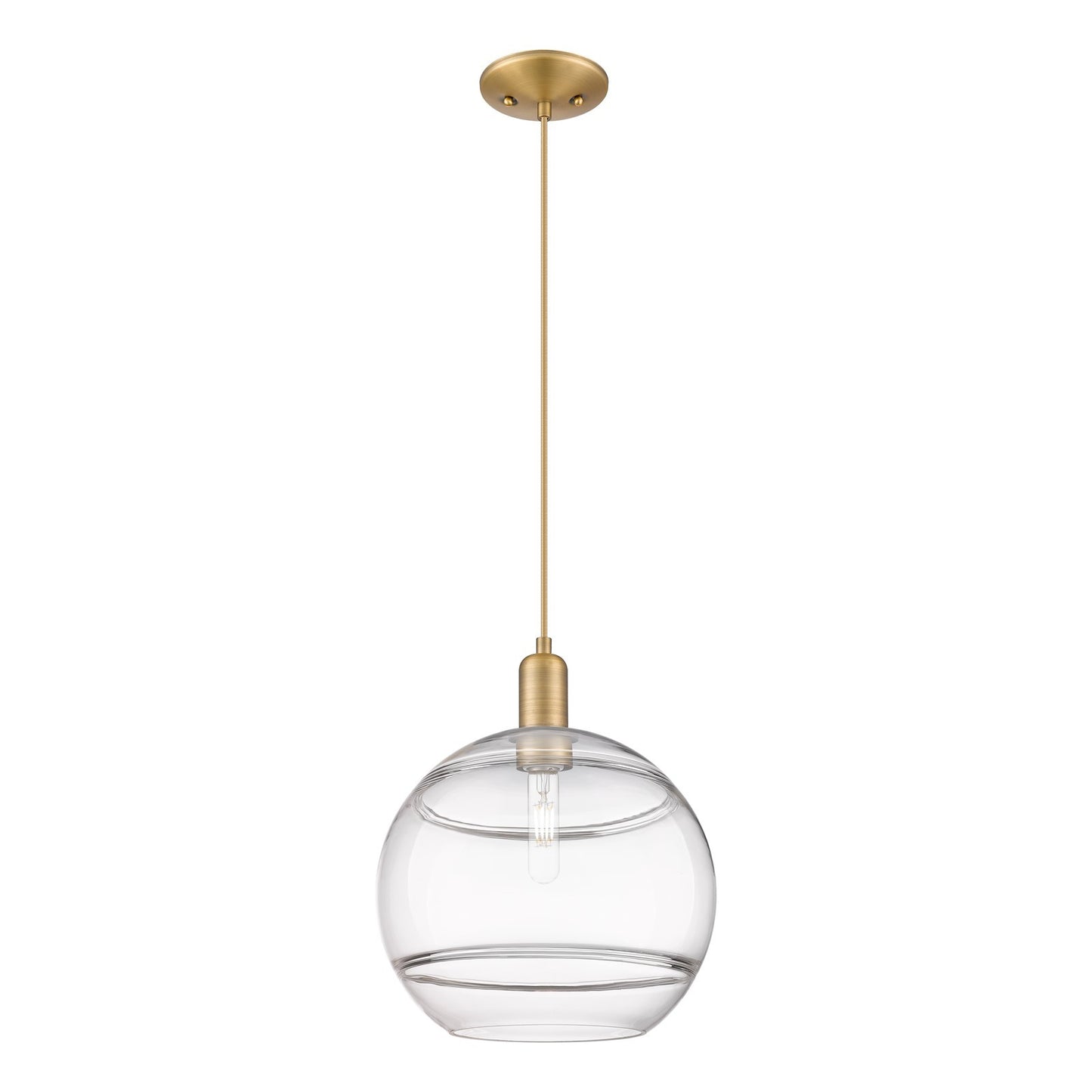 Innovations Rochester 12in 1-Light Mini Pendant | Industrial Brushed Brass Steel and Clear Glass | Kitchen Island & Dining | Model 716-1P-BB-G556-12CL