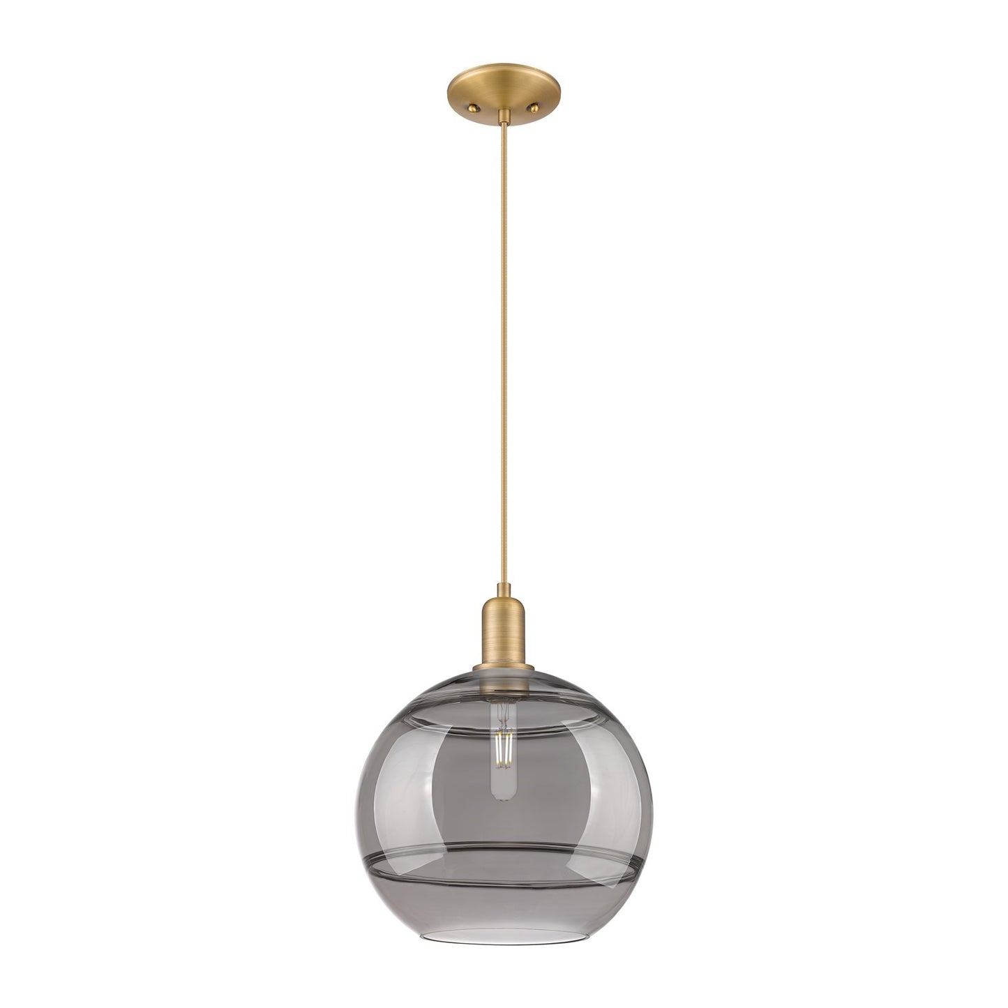 Innovations Rochester 12in 1-Light Mini Pendant | Industrial Brushed Brass and Light Smoked Glass | Kitchen Island & Dining | Model 716-1P-BB-G556-12SM