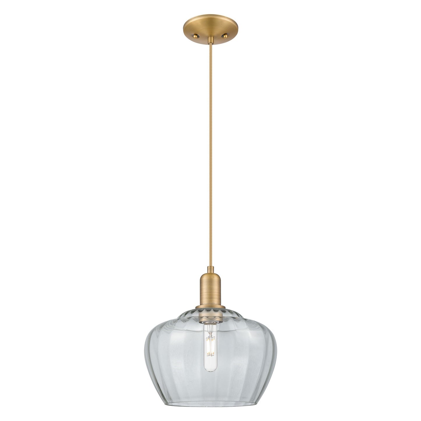 Innovations Fenton 11in 1-Light Mini Pendant | Industrial Brushed Brass Steel and Clear Ribbed Glass | Kitchen Island & Dining | Model 716-1P-BB-G92-L
