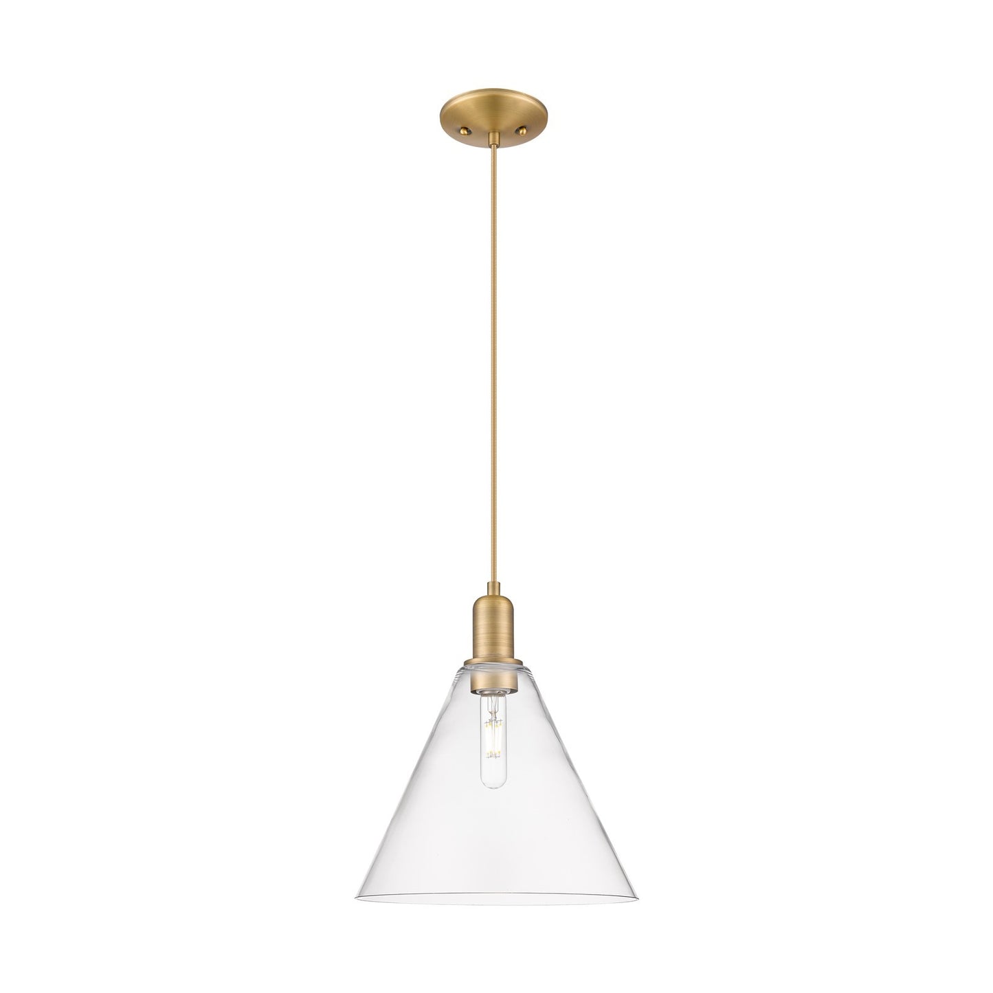 Innovations Berkshire Glass 12in 1-Light Mini Pendant | Industrial Brushed Brass Steel and Clear Cone Glass | Kitchen Island & | Model 716-1P-BB-GBC-122
