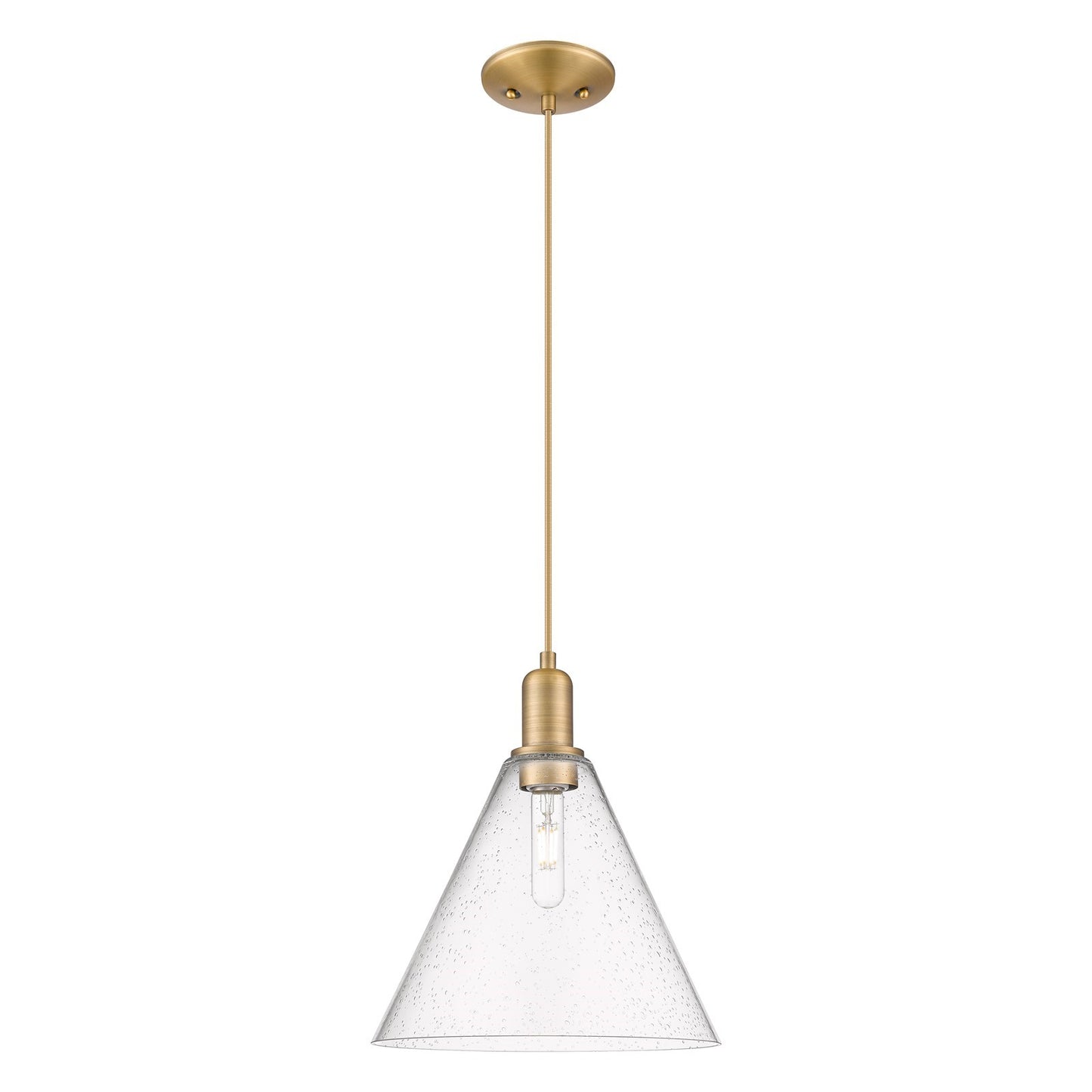 Innovations Berkshire Glass 12in 1-Light Mini Pendant | Industrial Brushed Brass Steel and Seedy Glass | Kitchen Island & Dining | Model 716-1P-BB-GBC-124
