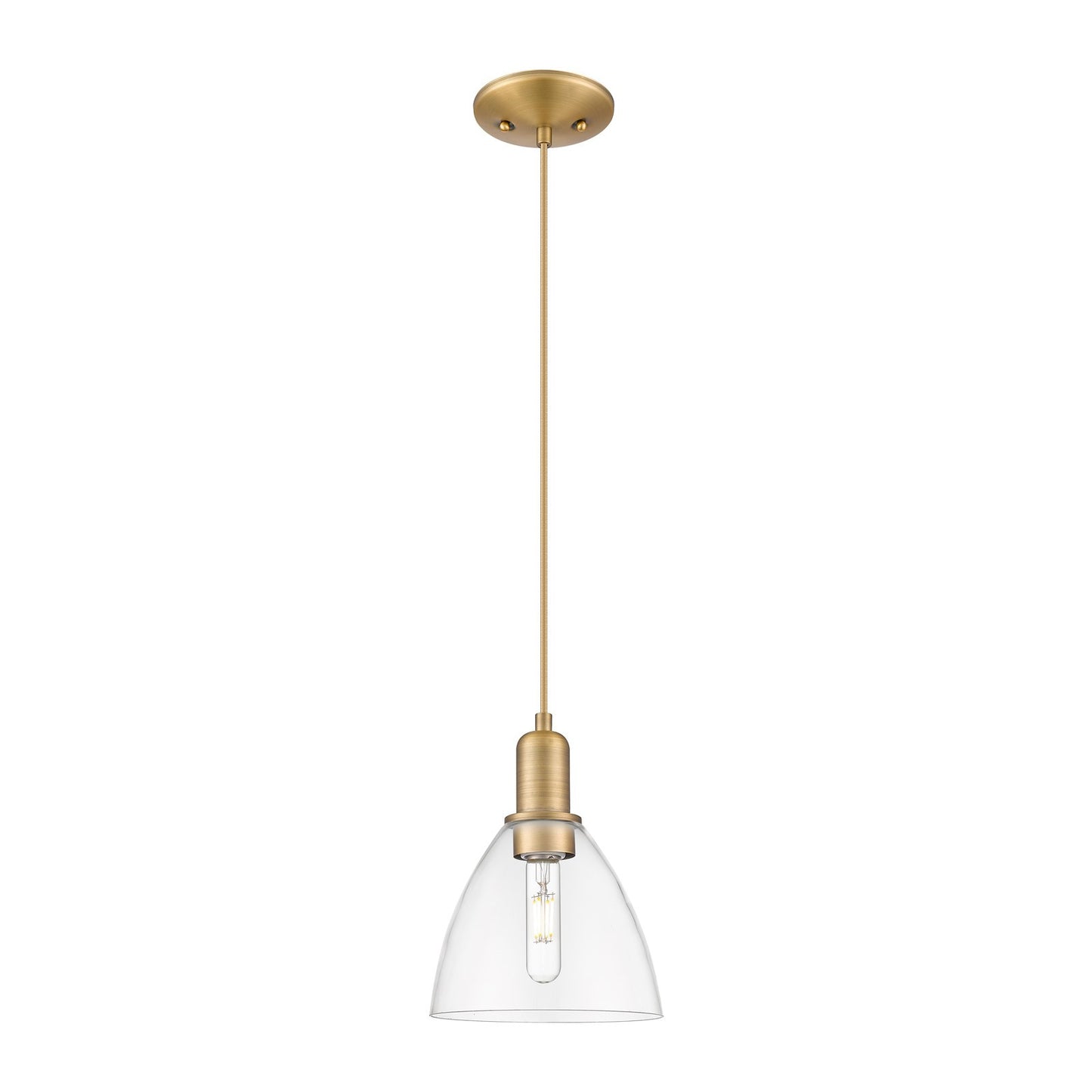 Innovations Bristol 7.5in 1-Light Mini Pendant | Industrial Brushed Brass Steel and Clear Glass | Kitchen Island & Dining Room | Model 716-1P-BB-GBD-752