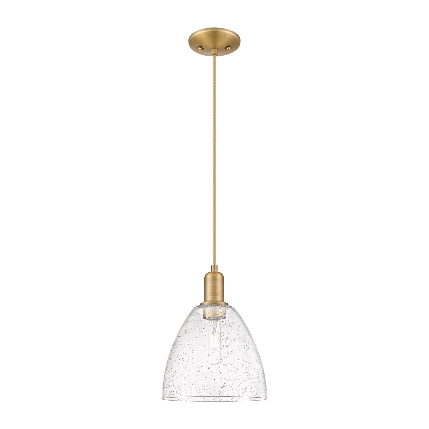 Innovations Bristol 9in 1-Light Mini Pendant | Industrial Brushed Brass Steel and Seedy Glass Dome | Kitchen Island & Dining Room | Model 716-1P-BB-GBD-94