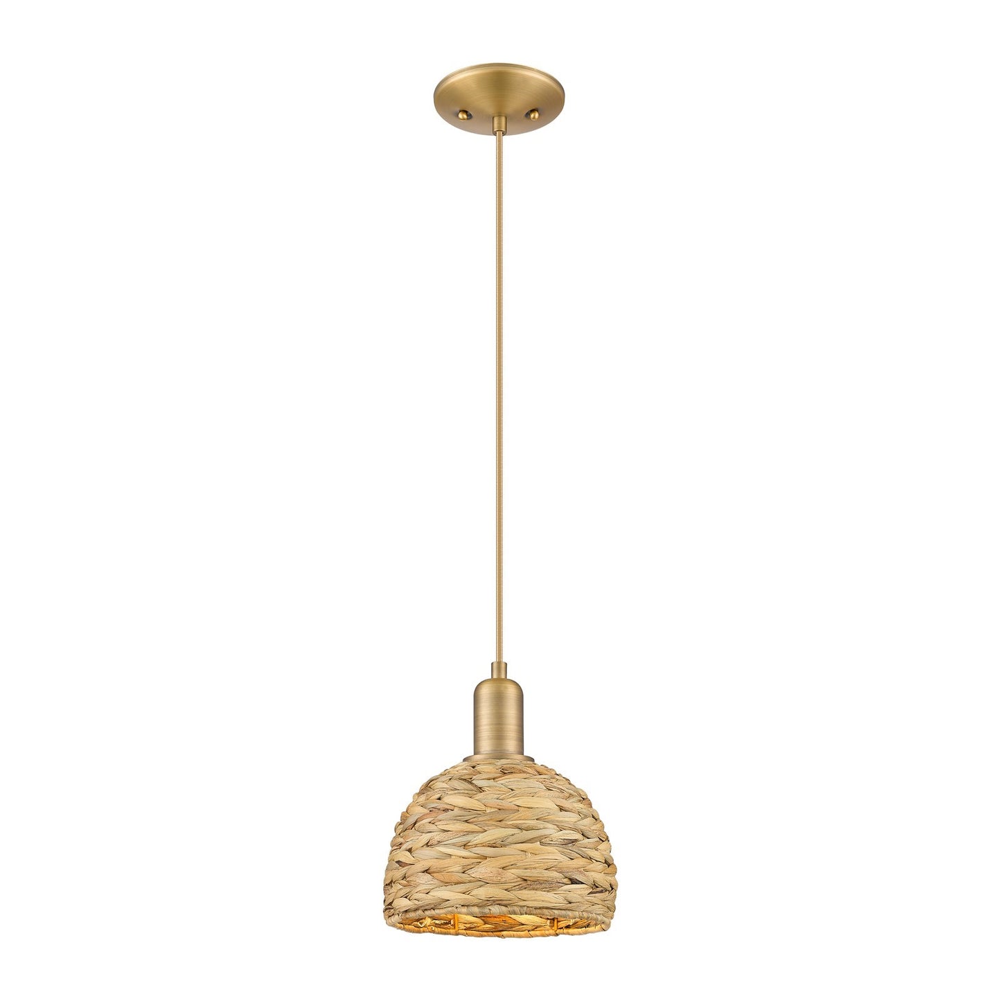 Innovations Arcadia 8in 1-Light Mini Pendant | Rustic Farmhouse Brushed Brass and Natural Woven Rattan | Kitchen Island & | Model 716-1P-BB-RBD-8-NAT