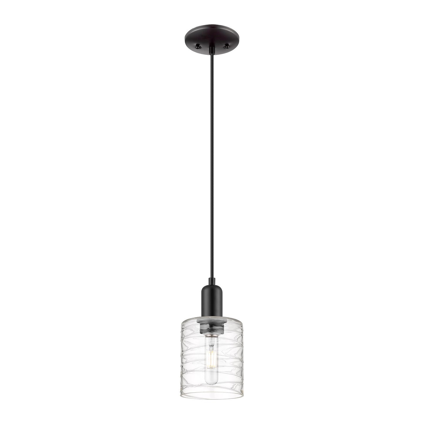 Innovations Cobbleskill 5in 1-Light Mini Pendant | Industrial Matte Black Steel and Deco Swirl Glass | Kitchen Island & Dining | Model 716-1P-BK-G1113