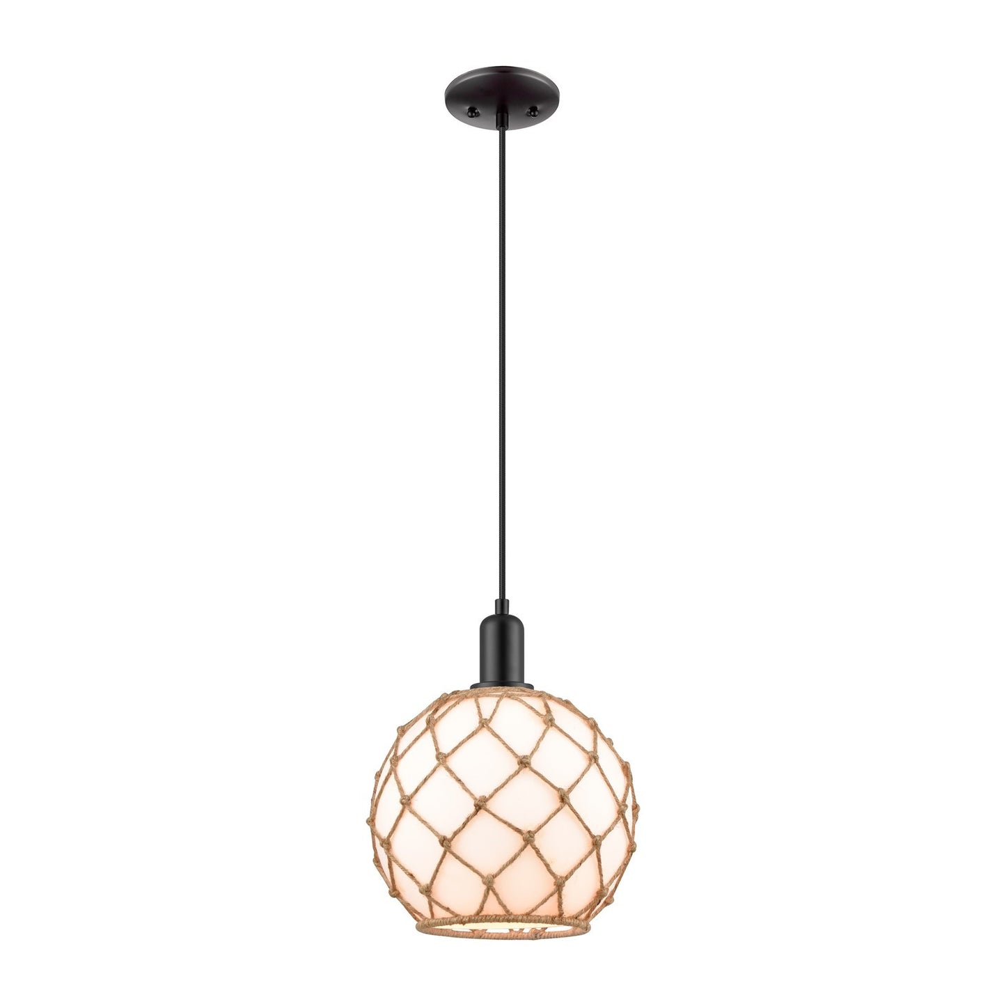 Innovations Farmhouse Rope 10in 1-Light Mini Pendant | Industrial Matte Black Steel and Matte White Glass with Rope | Kitchen | Model 716-1P-BK-G121-10RB