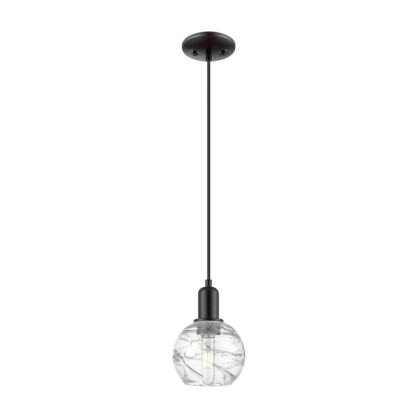Innovations Athens Deco Swirl 6in 1-Light Mini Pendant | Industrial Matte Black Steel and Clear Deco Swirl Glass | Kitchen | Model 716-1P-BK-G1213-6CL