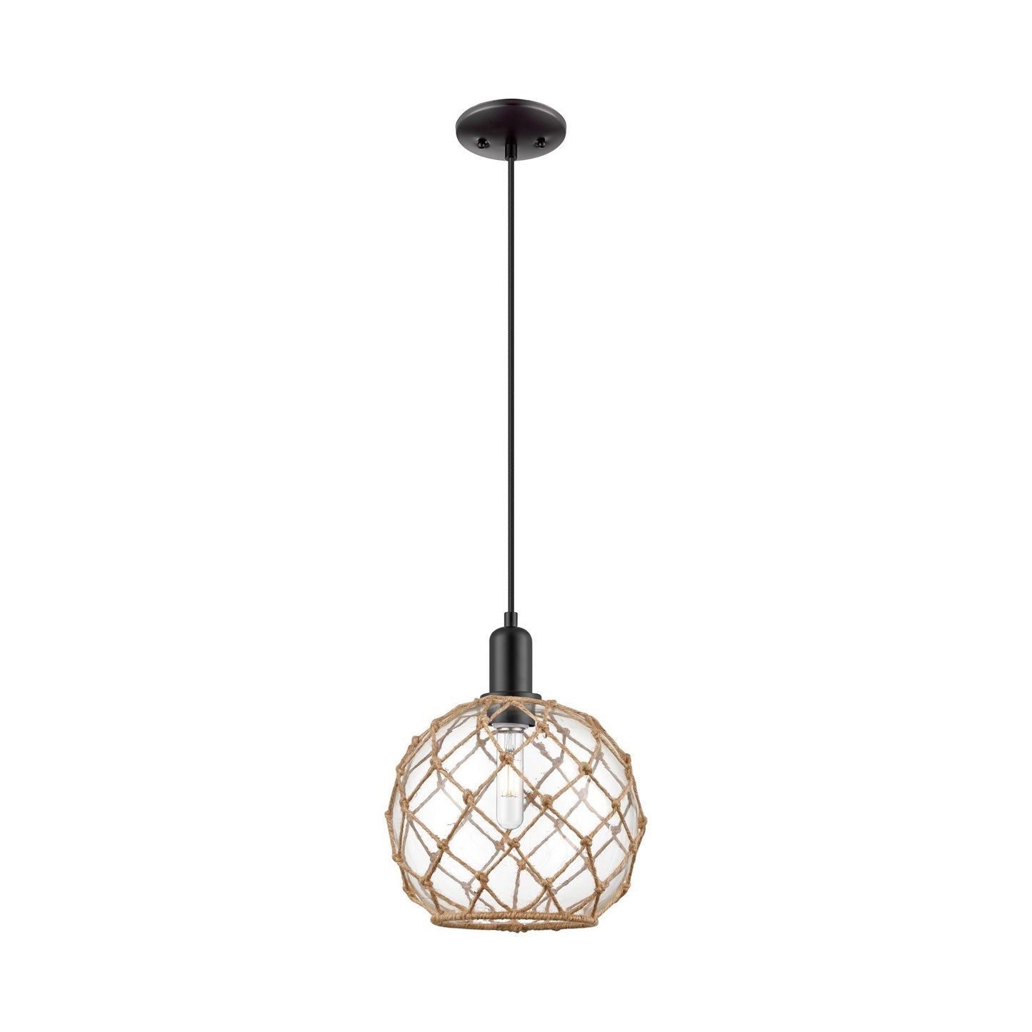 Innovations Farmhouse Rope 10in 1-Light Mini Pendant | Industrial Matte Black Steel and Clear Glass with Brown Rope | Kitchen | Model 716-1P-BK-G122-10RB