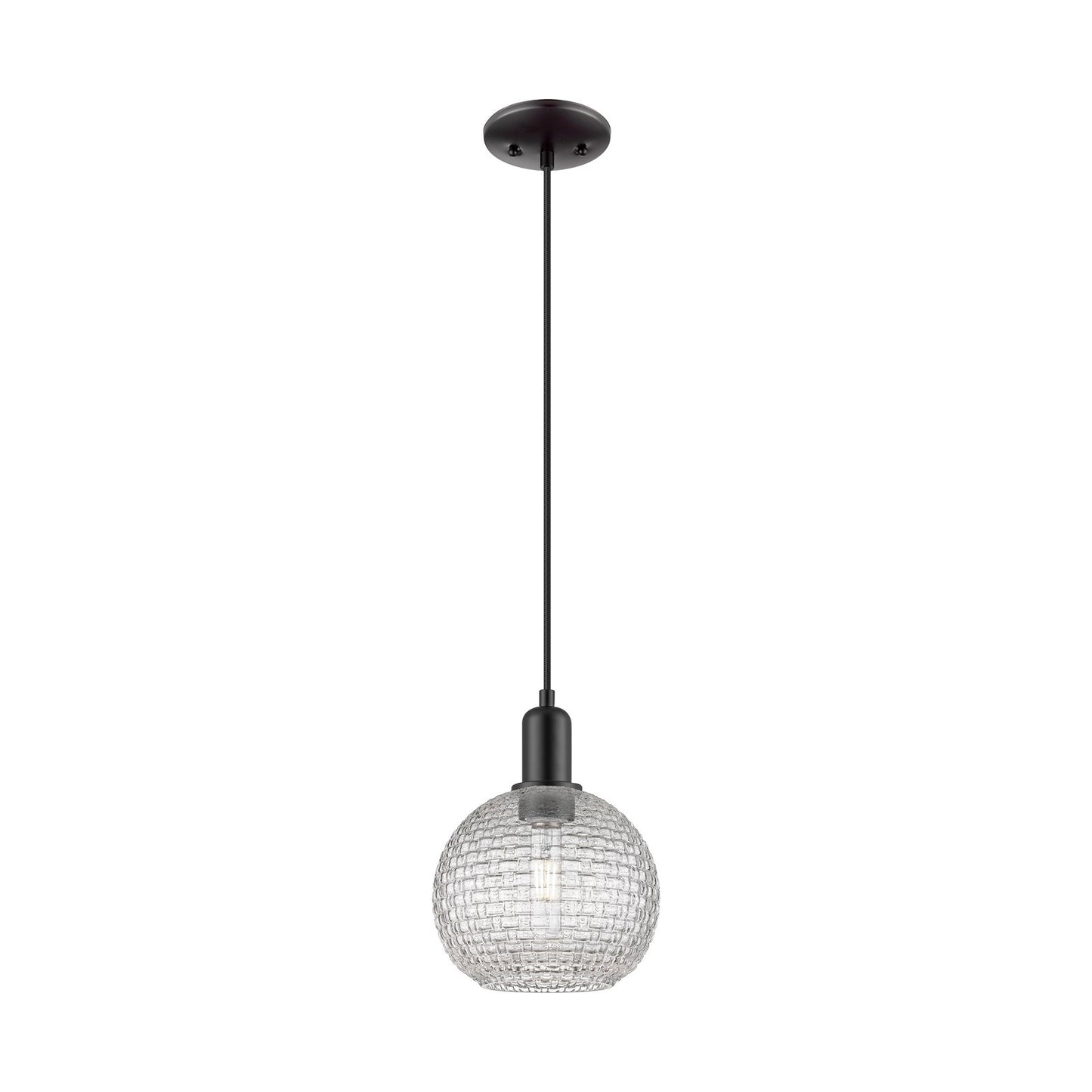 Innovations Athens 8in 1-Light Mini Pendant | Industrial Matte Black Steel and Clear Basket Weave Glass | Kitchen Island & | Model 716-1P-BK-G122C-8CL
