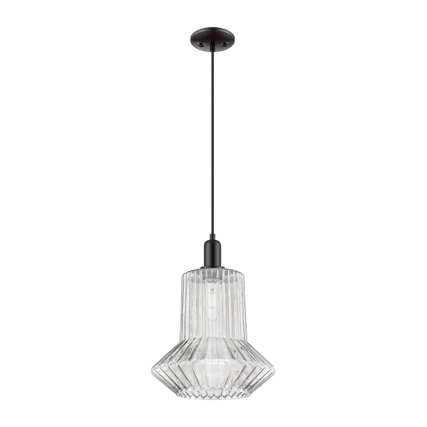 Innovations Springwater 12in 1-Light Mini Pendant | Industrial Matte Black Steel and Clear Fluted Glass | Kitchen Island & Dining | Model 716-1P-BK-G212