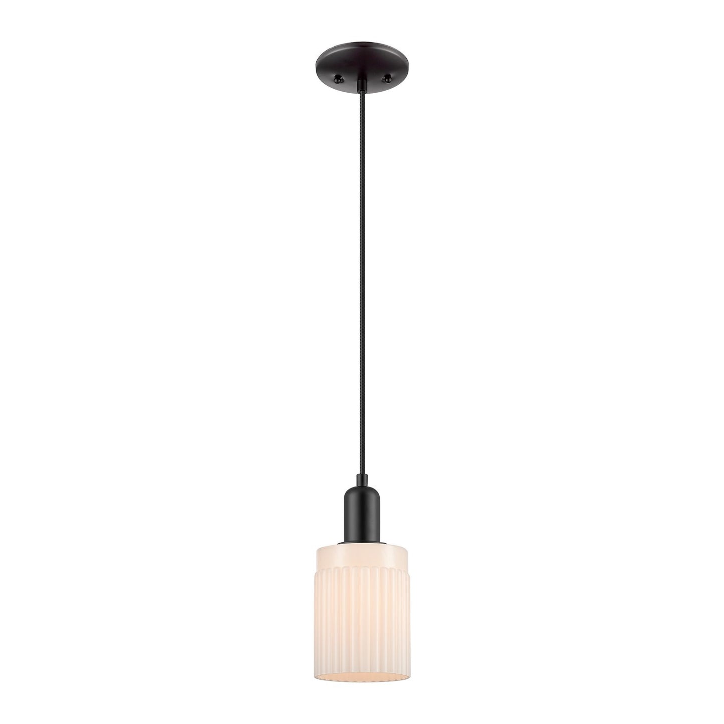 Innovations Hadley 1-Light 4.5in Mini Pendant | Industrial Matte Black Steel and Matte White Ribbed Glass | Kitchen Island & Dining | Model 716-1P-BK-G341