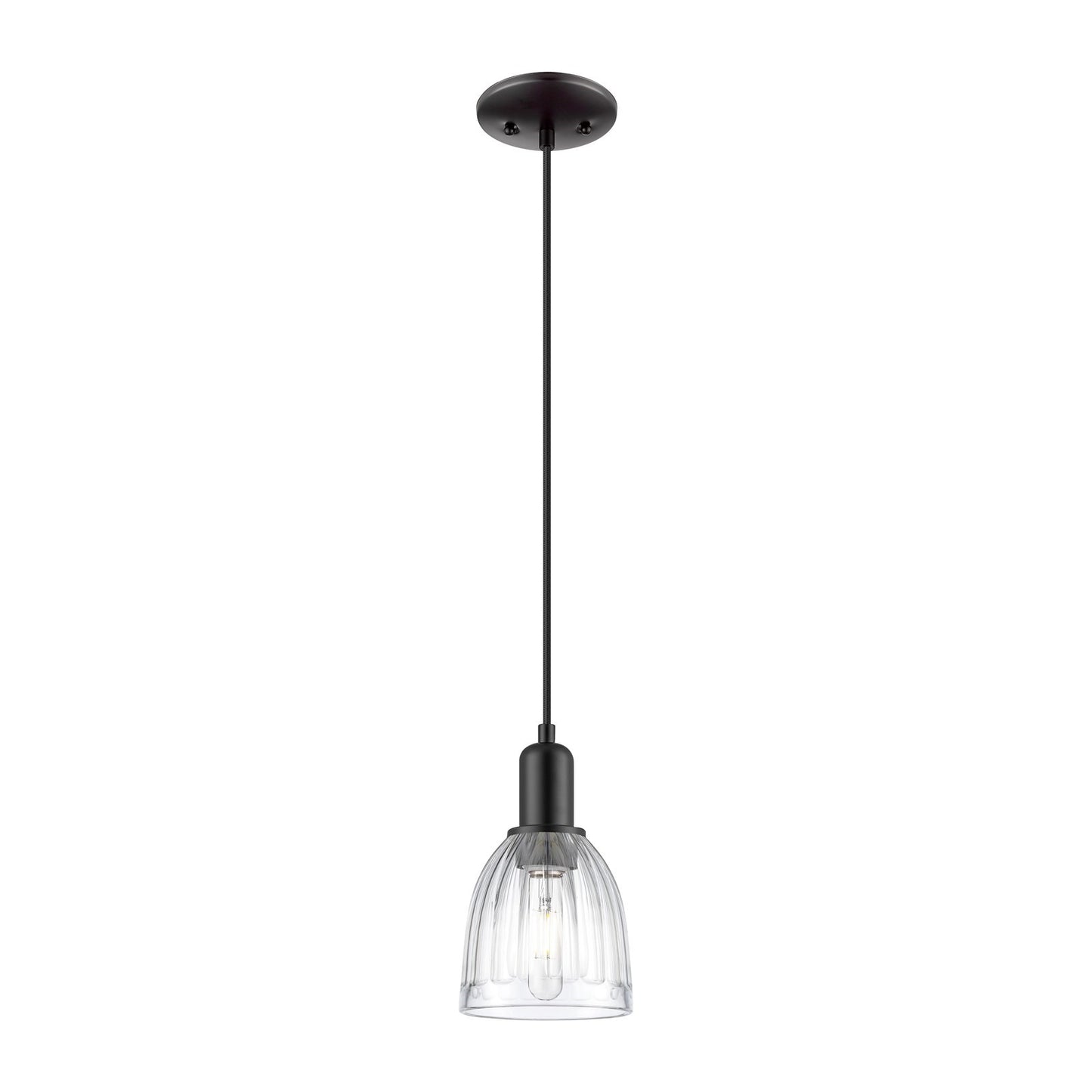 Innovations Brookfield 6in 1-Light Mini Pendant | Industrial Matte Black and Clear Ribbed Glass | Kitchen Island | 5.75 x 10.2 in | Model 716-1P-BK-G442