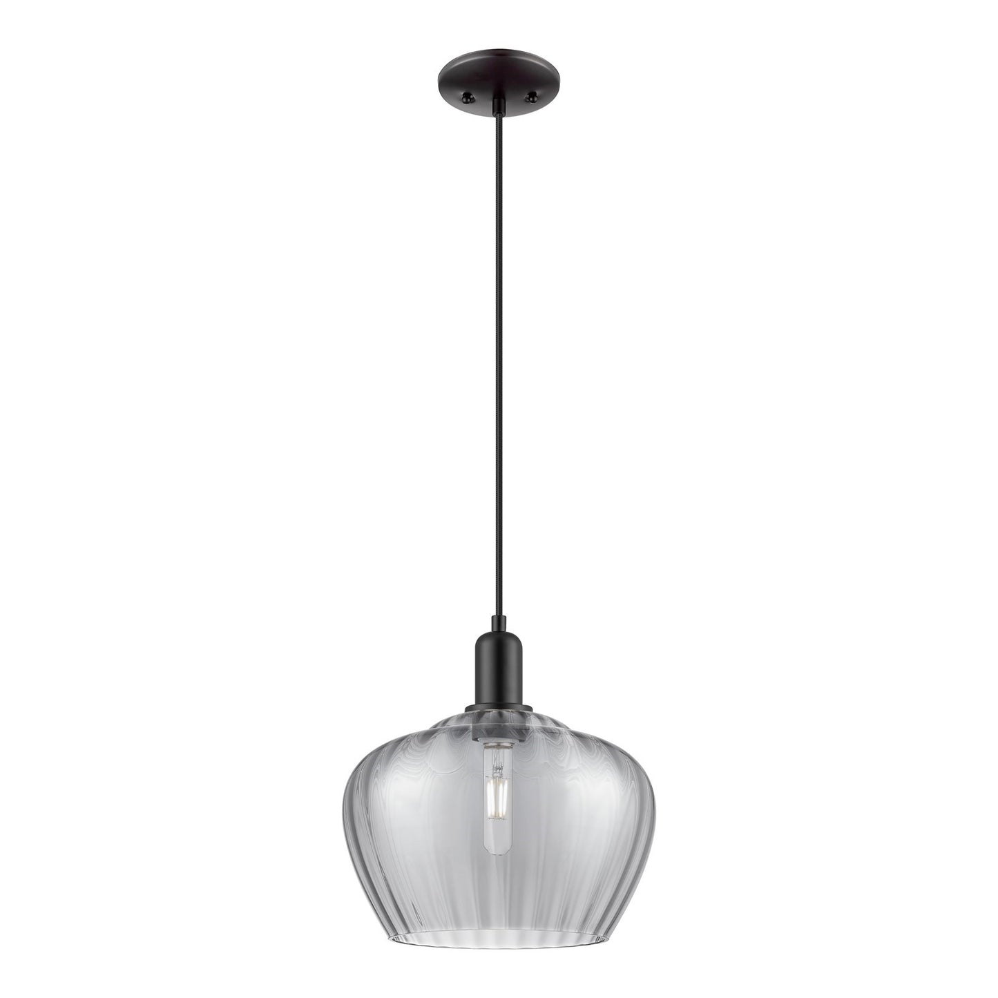 Innovations Fenton 11in 1-Light Mini Pendant | Industrial Matte Black Steel and Light Smoke Ribbed Glass | Kitchen Island & Dining | Model 716-1P-BK-G93-L