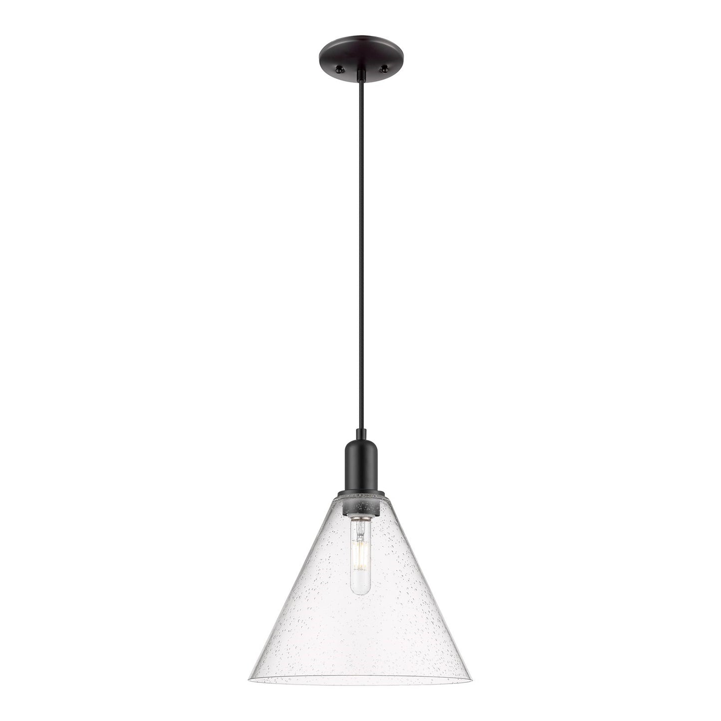Innovations Berkshire Glass 12in 1-Light Mini Pendant | Industrial Matte Black Steel and Seedy Glass | Kitchen Island & Dining | Model 716-1P-BK-GBC-124