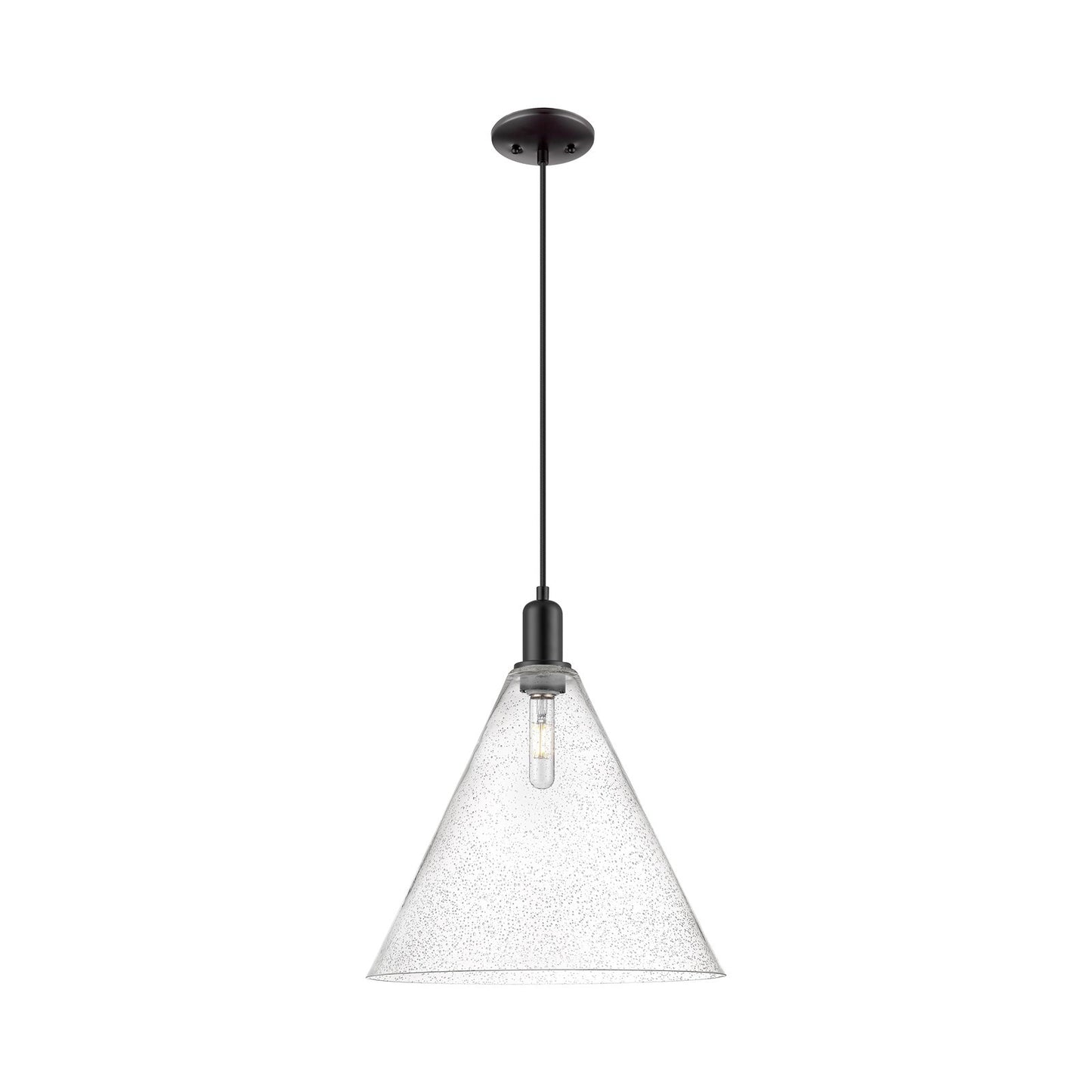 Innovations Berkshire Glass 16in 1-Light Mini Pendant | Industrial Matte Black Steel and Seedy Glass | Kitchen Island & Dining | Model 716-1P-BK-GBC-164