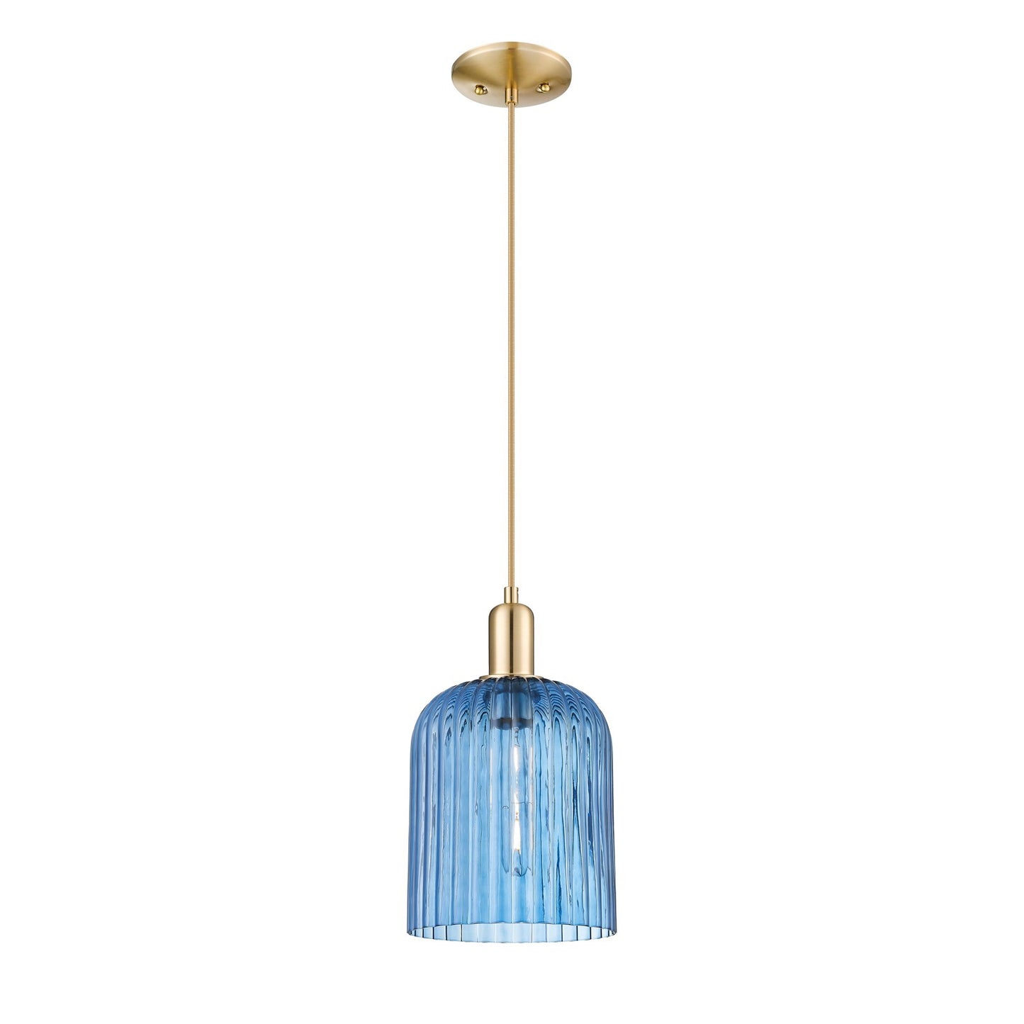 Innovations Bridal Veil 8in 1-Light Mini Pendant | Industrial Champagne Bronze Steel and Princess Blue Ribbed Glass | Kitchen | Model 716-1P-CB-G559-8BL