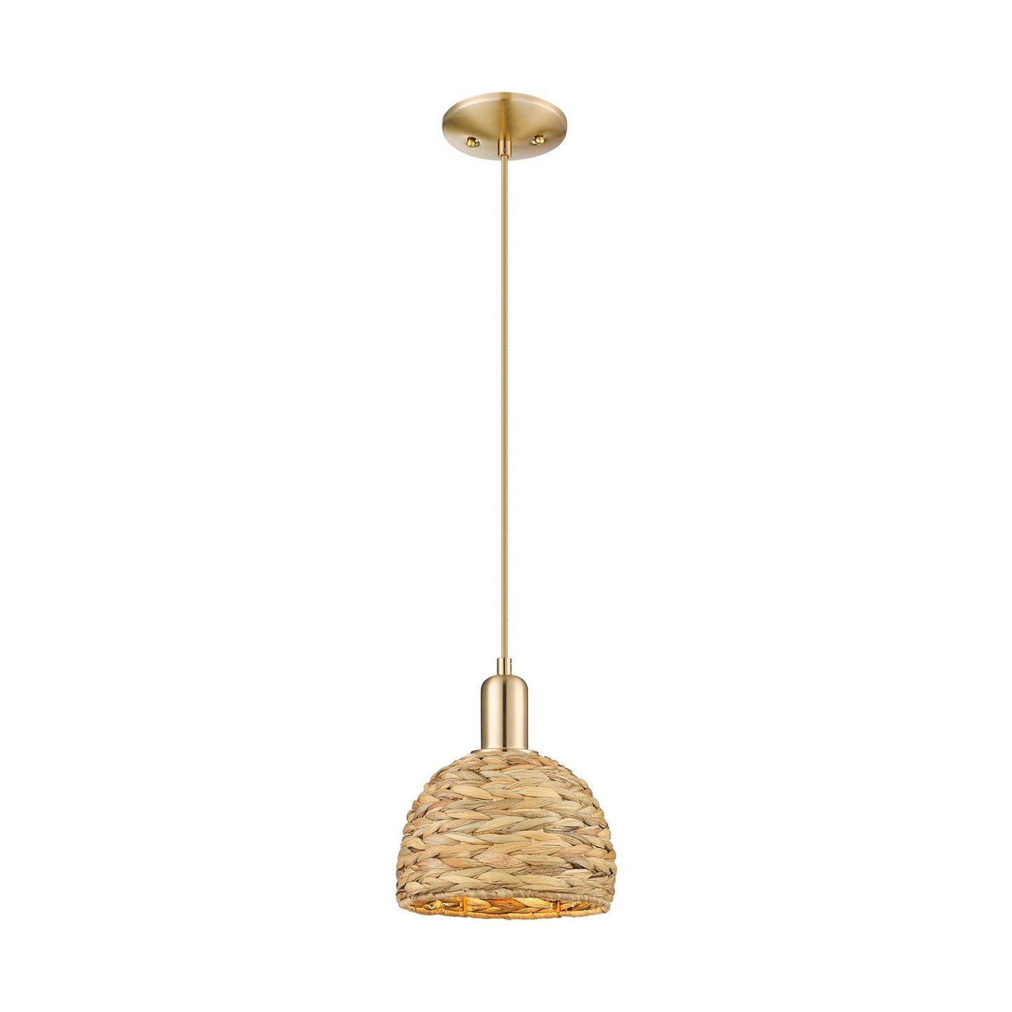 Innovations Woven Rattan 8in 1-Light Mini Pendant | Industrial Champagne Bronze Steel and Natural Fiber Dome Shade | Kitchen | Model 716-1P-CB-RBD-8-NAT