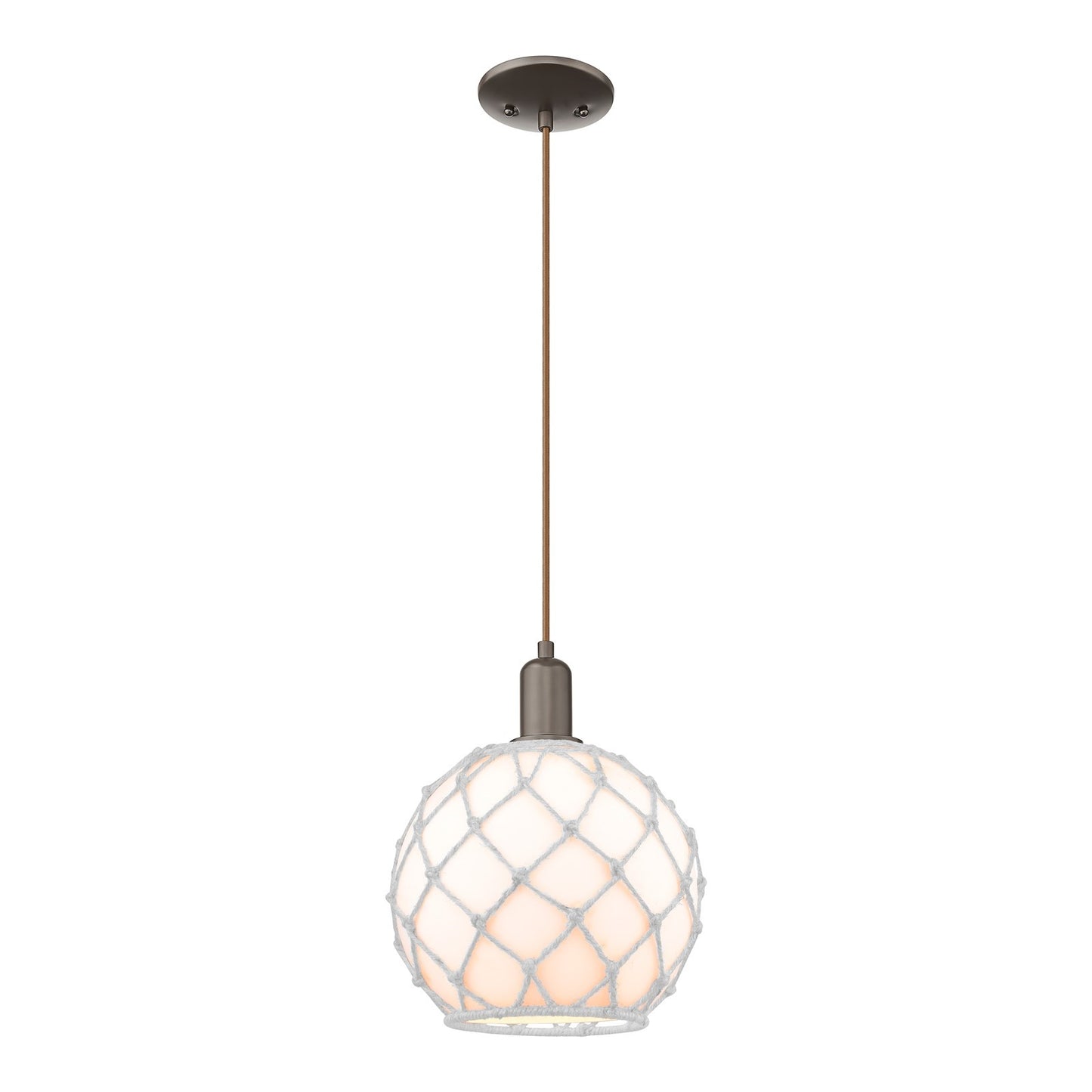 Innovations Farmhouse Rope 10in 1-Light Mini Pendant | Industrial Oil Rubbed Bronze Steel and White Glass with Rope | Kitchen | Model 716-1P-OB-G121-10RW