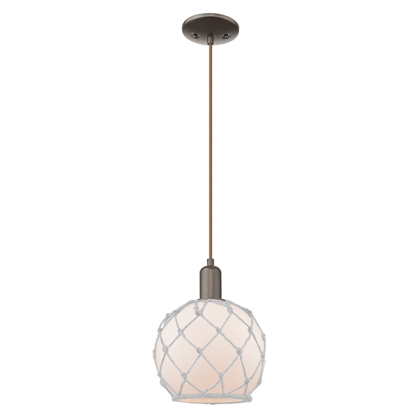 Innovations Farmhouse Rope 8in 1-Light Mini Pendant | Industrial Oil Rubbed Bronze Steel and White Frosted Glass with Rope | Model 716-1P-OB-G121-8RW