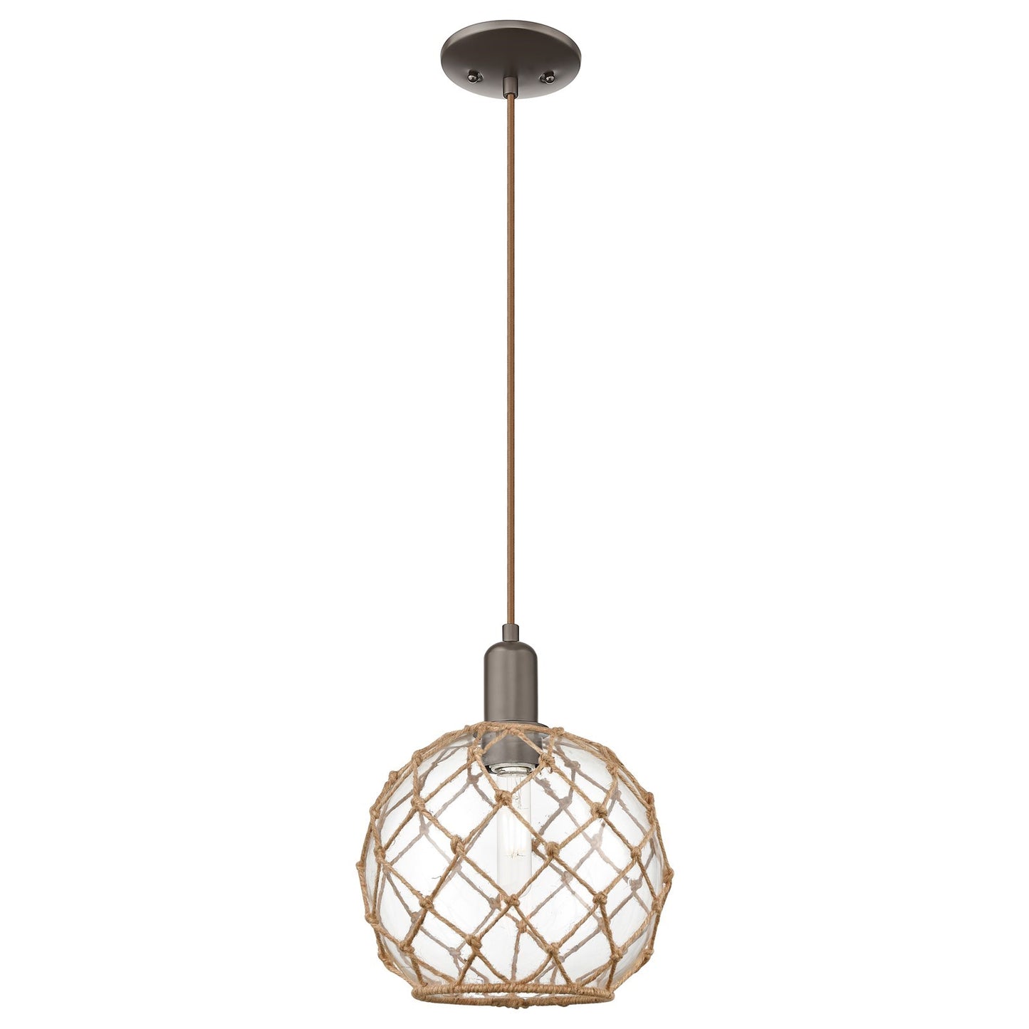 Innovations Farmhouse Rope 10in 1-Light Mini Pendant | Industrial Oil Rubbed Bronze Steel and Clear Glass with Brown Rope | Model 716-1P-OB-G122-10RB