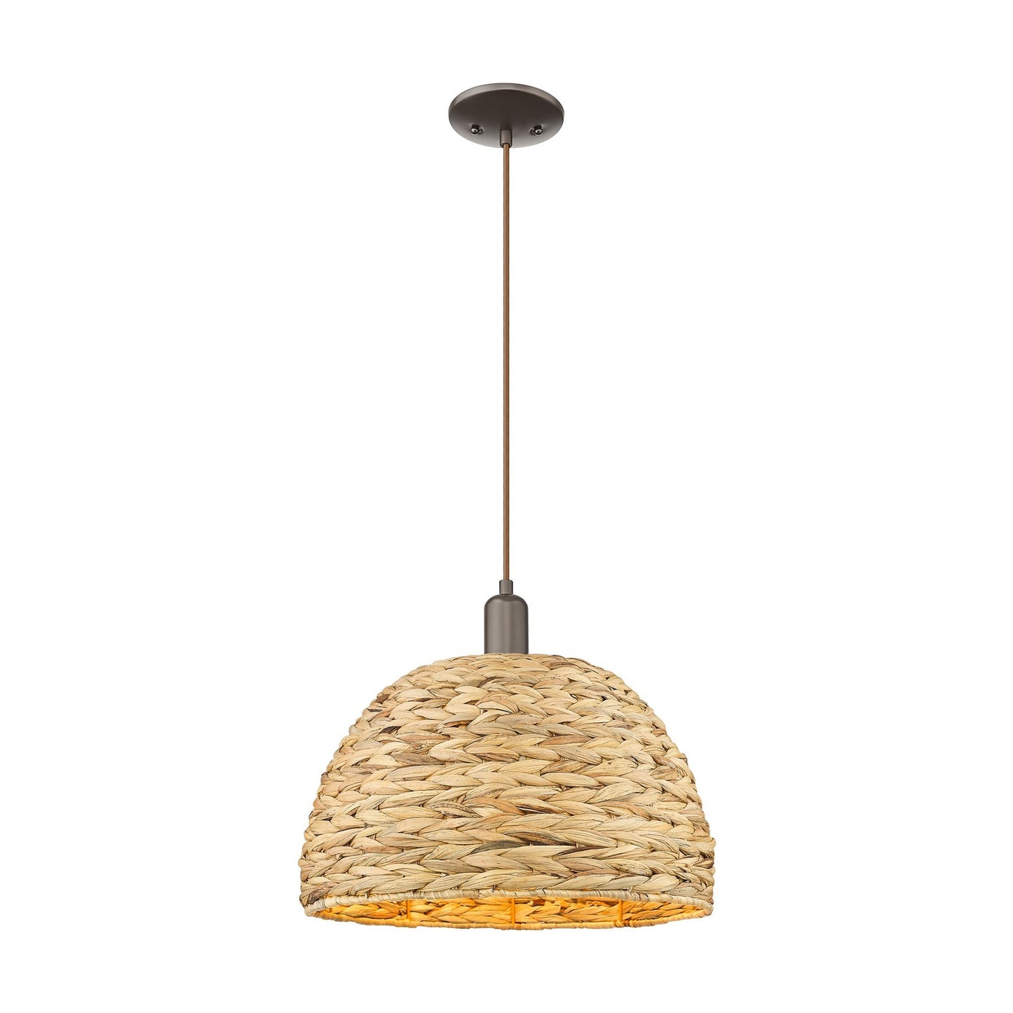 Innovations Woven Rattan 16in 1-Light Mini Pendant | Industrial Oil Rubbed Bronze Steel and Natural Fiber Dome Shade | Model 716-1P-OB-RBD-16-NAT