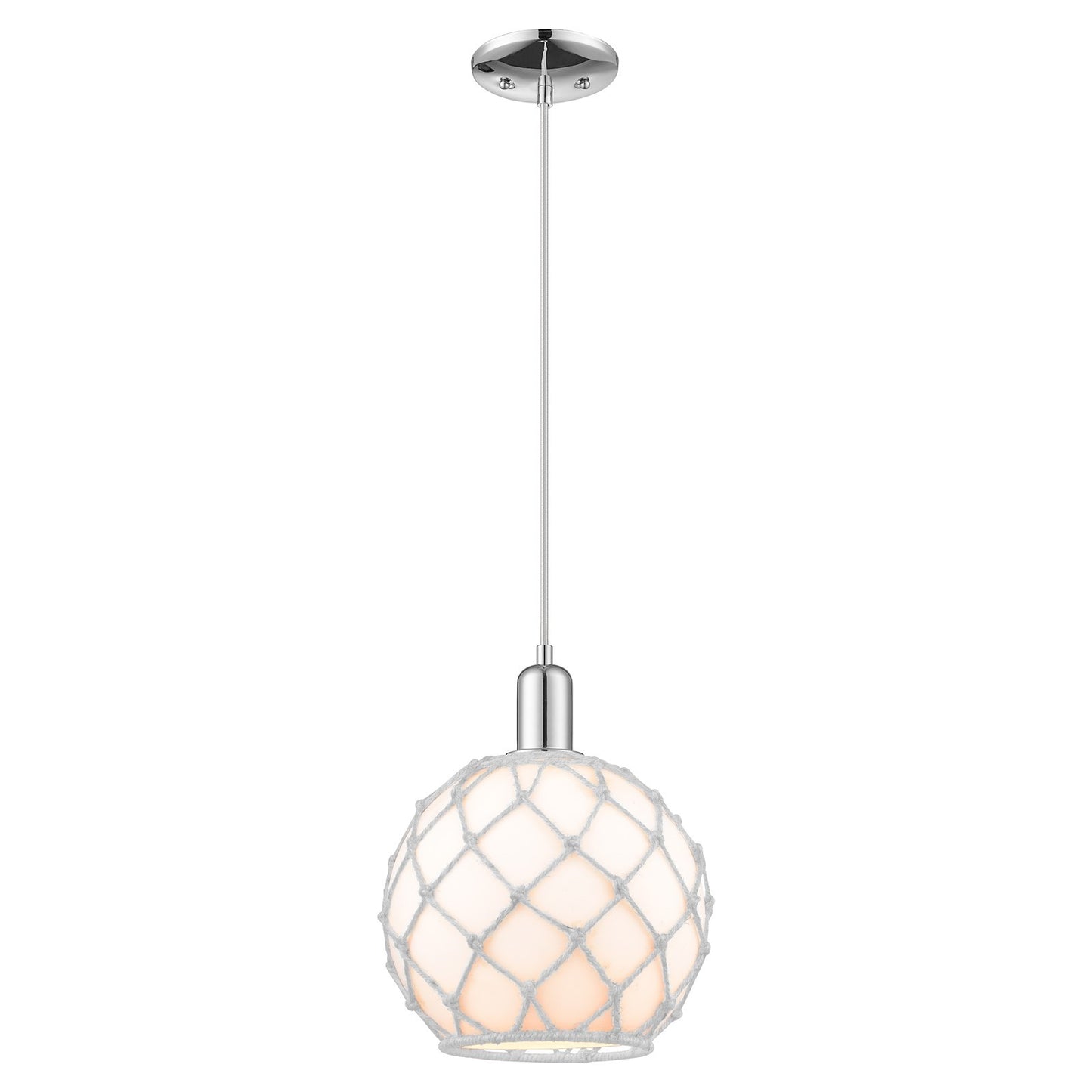 Innovations Farmhouse Rope 10in 1-Light Mini Pendant | Industrial Polished Chrome Steel and White Glass with Rope | Kitchen | Model 716-1P-PC-G121-10RW