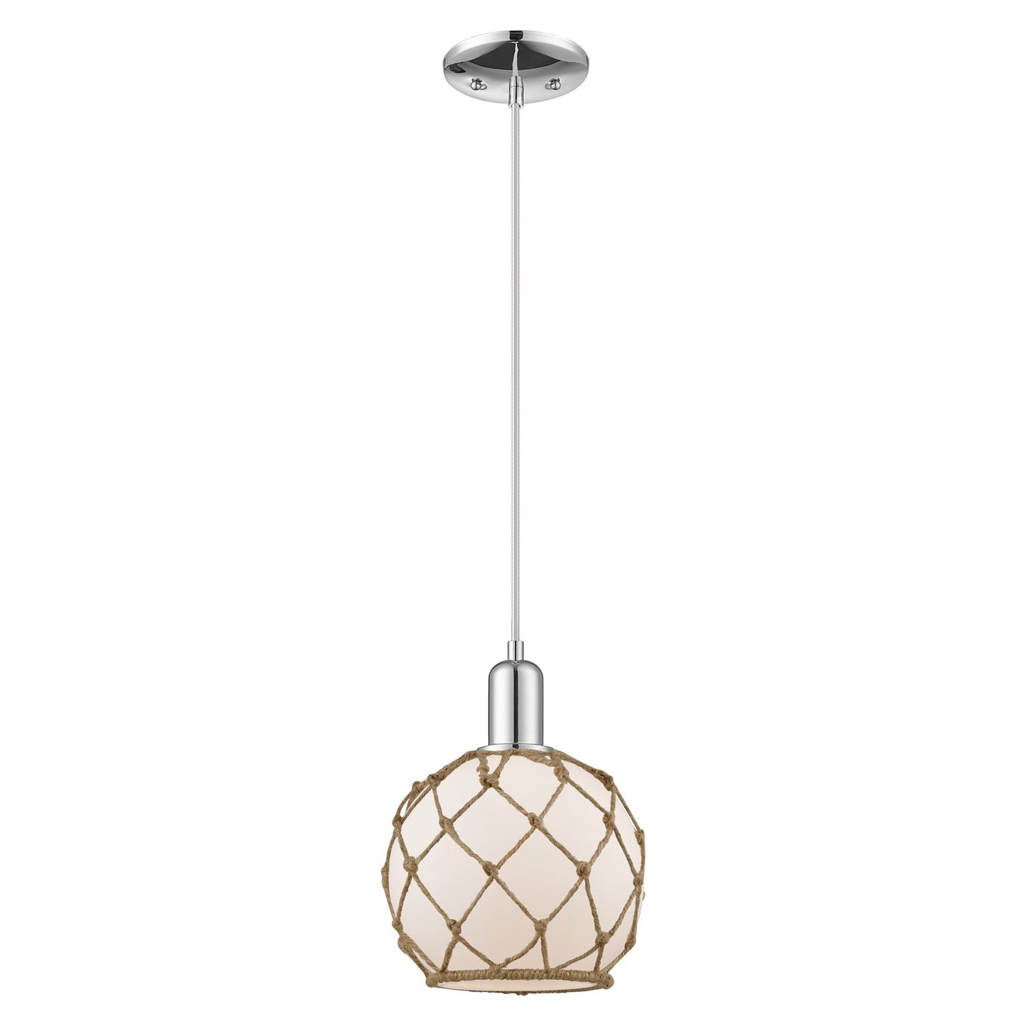 Innovations Farmhouse Rope 8in 1-Light Mini Pendant | Industrial Polished Chrome and White Frosted Glass with Brown Rope | Model 716-1P-PC-G121-8RB