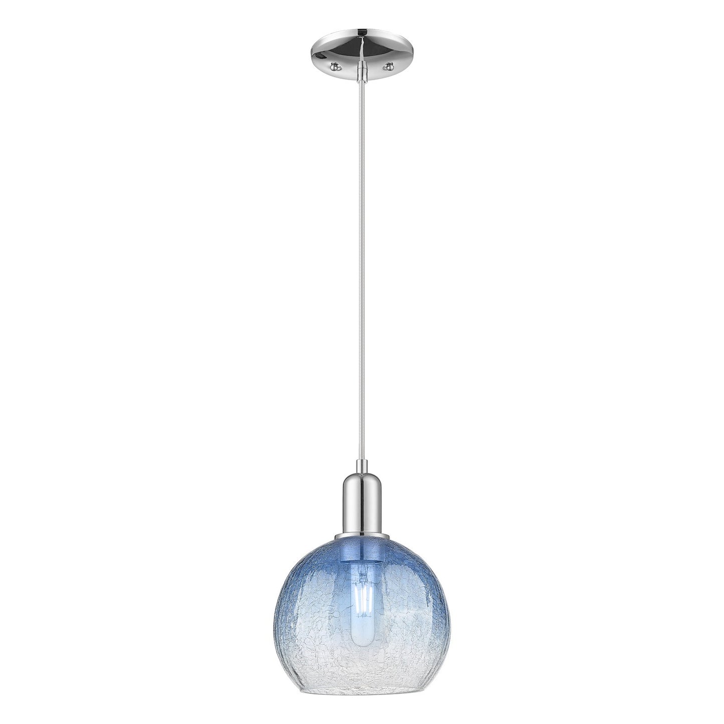 Innovations Brookhaven Globe 8in 1-Light Mini Pendant | Industrial Polished Chrome Steel and Sapphire Blue Glass | Kitchen | Model 716-1P-PC-G483-8SB