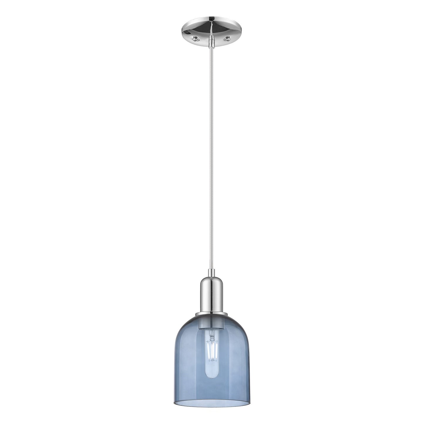 Innovations Bella 6in 1-Light Mini Pendant | Industrial Polished Chrome and Blue Glass | Kitchen Island & Dining Room | Damp | Model 716-1P-PC-G558-6BL