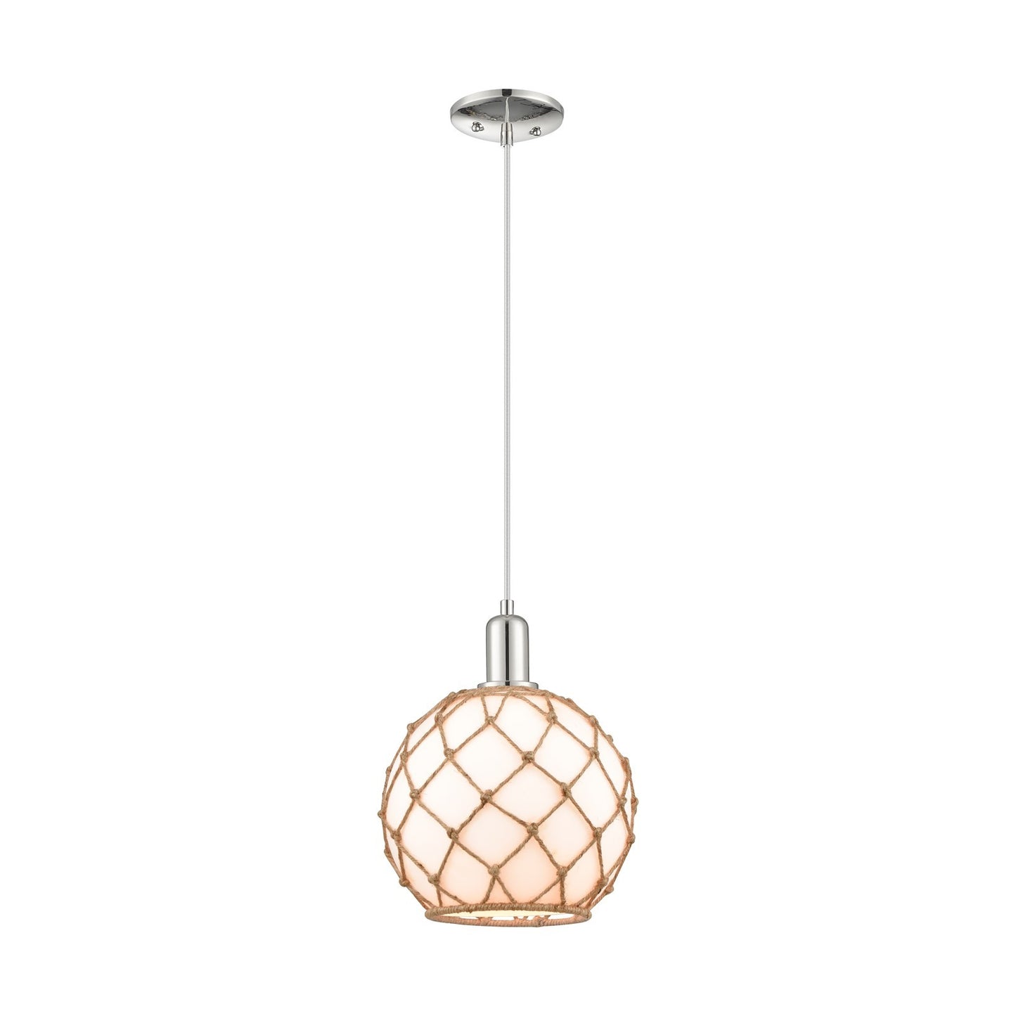 Innovations Farmhouse Rope 10in 1-Light Mini Pendant | Industrial Polished Nickel and Matte White Glass with Brown Rope | Model 716-1P-PN-G121-10RB