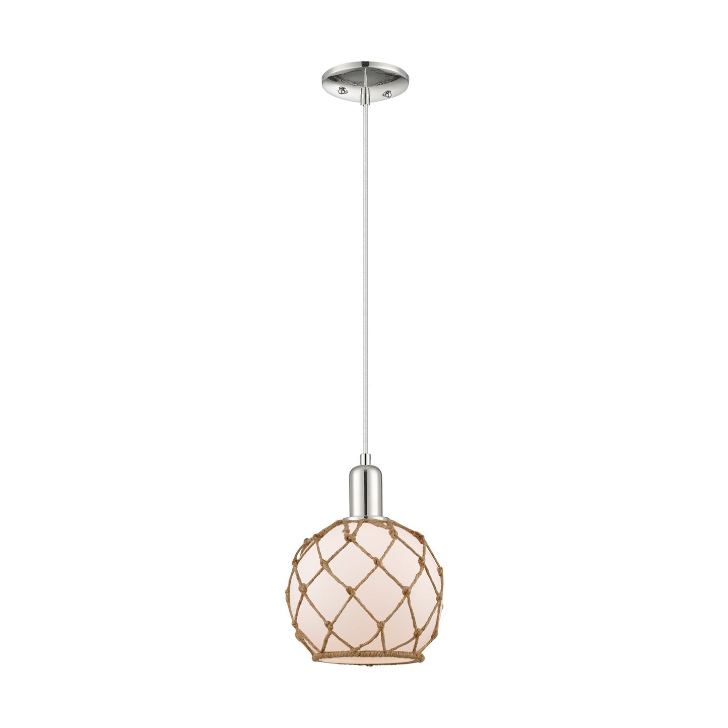 Innovations Farmhouse Rope 8in 1-Light Mini Pendant | Industrial Polished Nickel and White Frosted Glass with Brown Rope | Model 716-1P-PN-G121-8RB